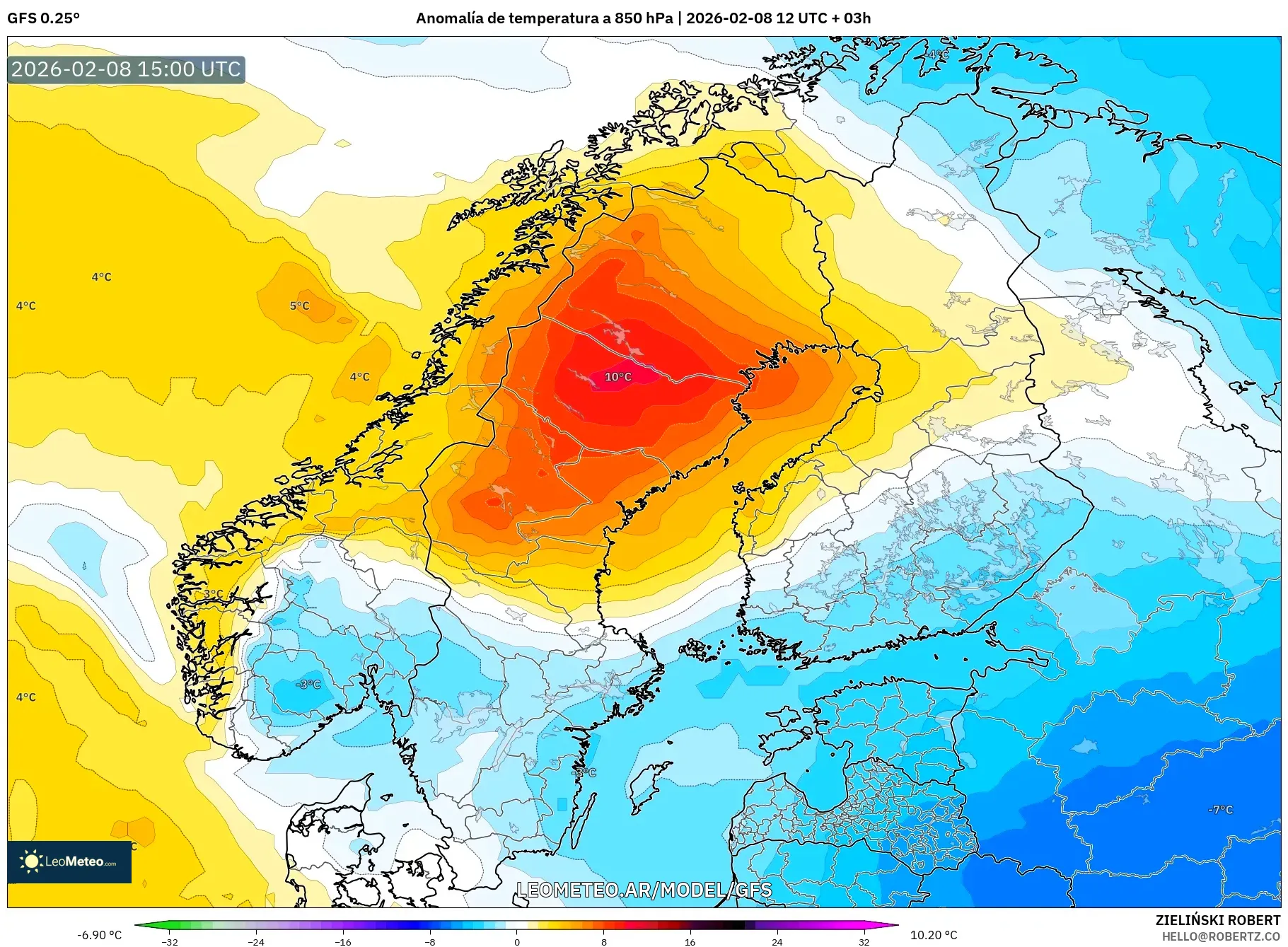 GFS model - Escandinavia, Anomalía de temperatura a 850 hPa