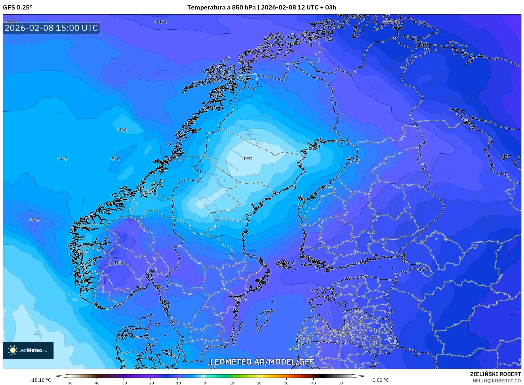 GFS model - Escandinavia, Temperatura a 850 hPa