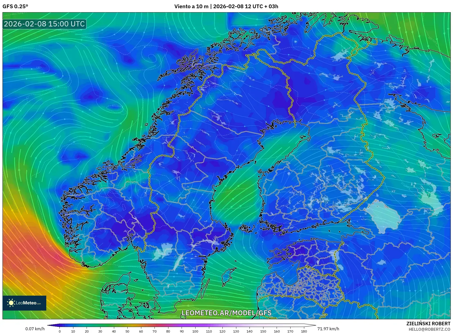 GFS model - Escandinavia, Viento a 10 m