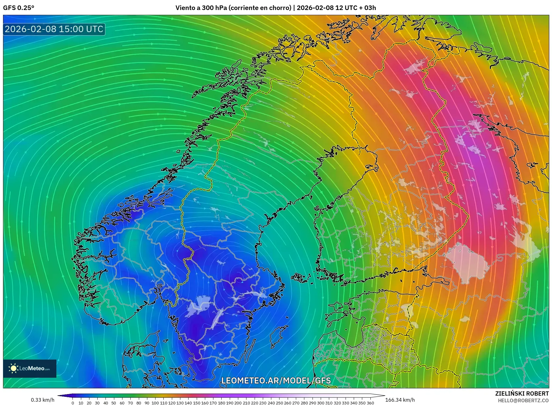 GFS model - Escandinavia, Viento a 300 hPa (corriente en chorro)