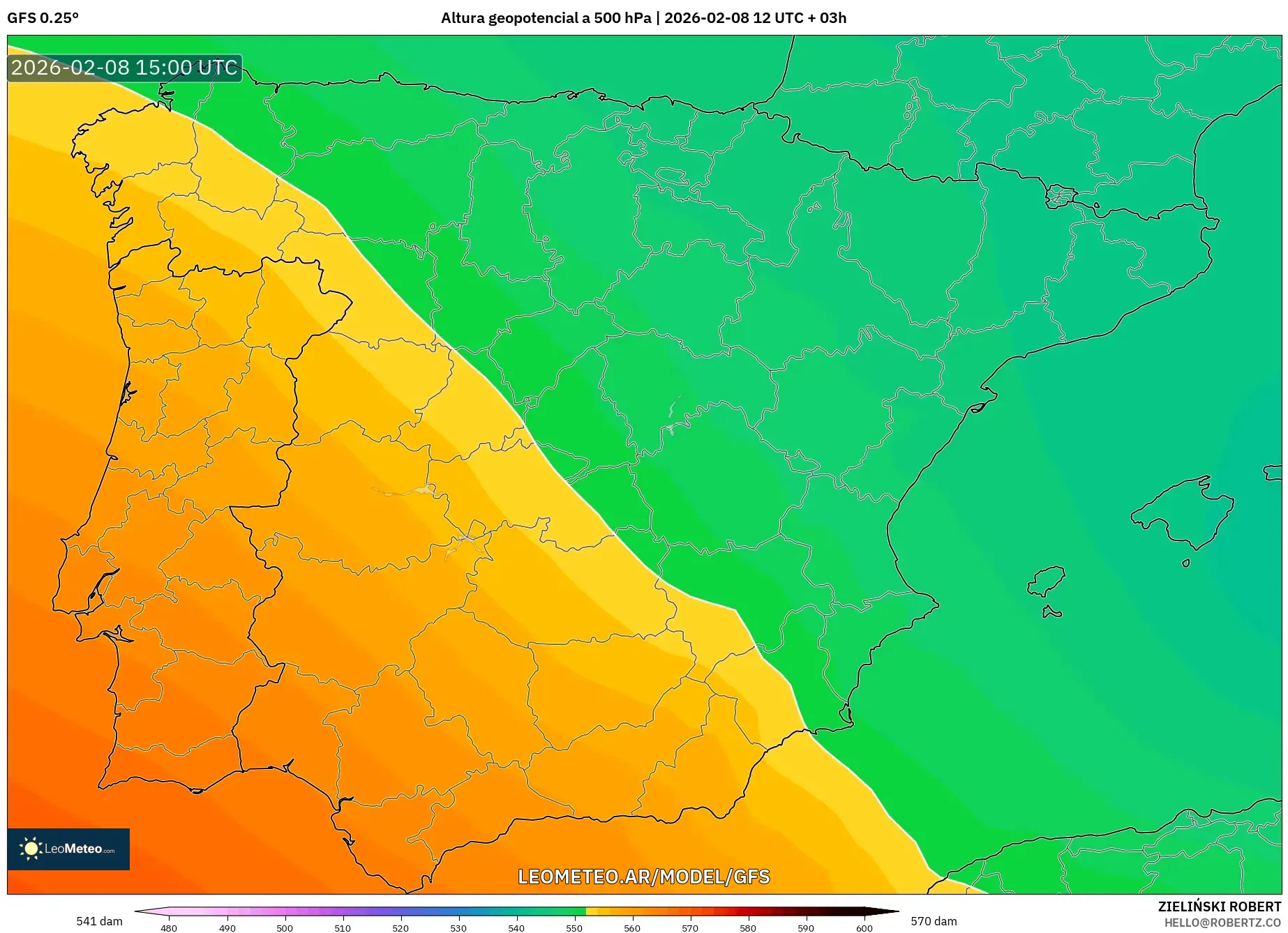 GFS model - España, Altura geopotencial a 500 hPa