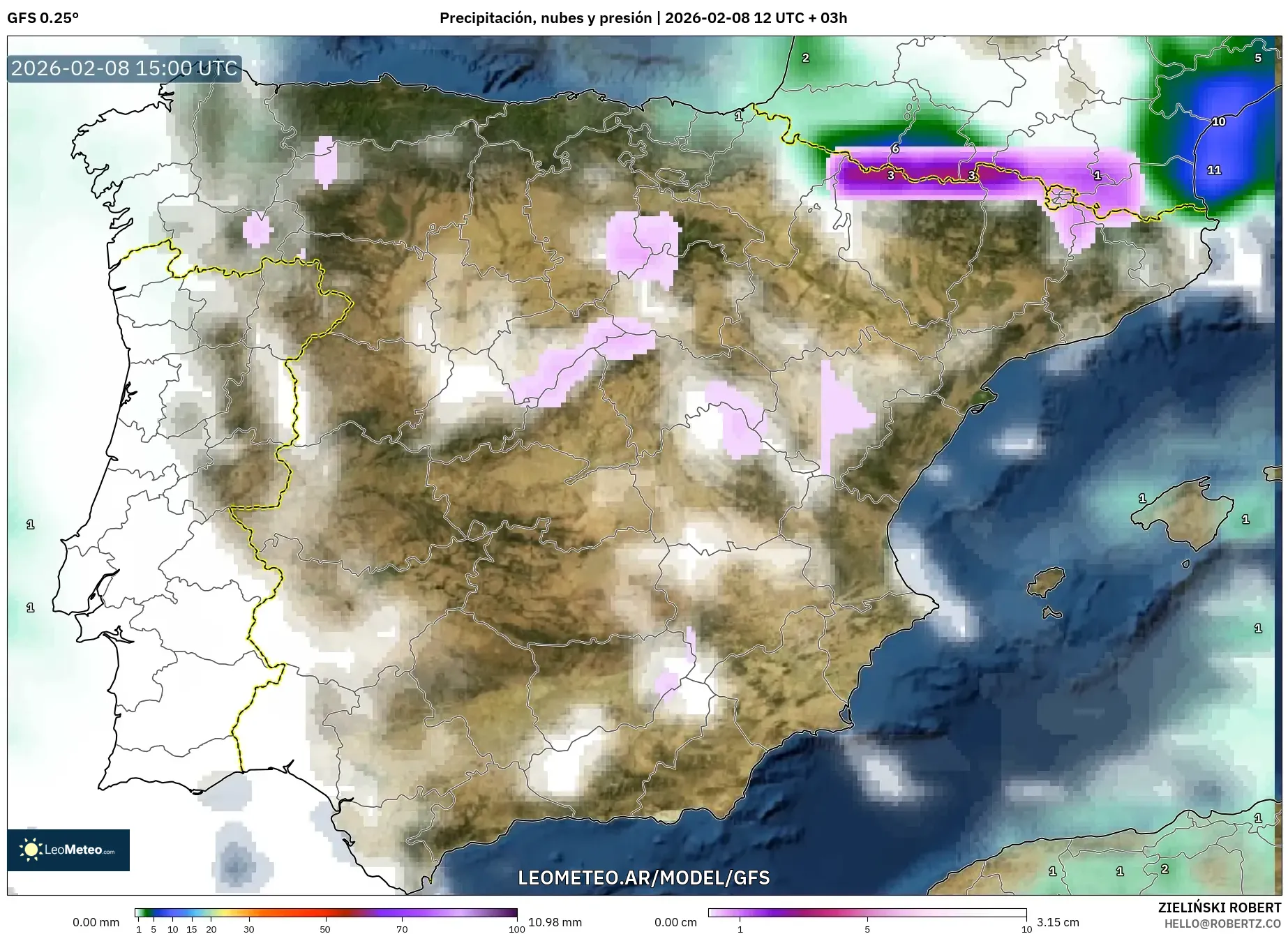 GFS model - España, Precipitación, nubes y presión