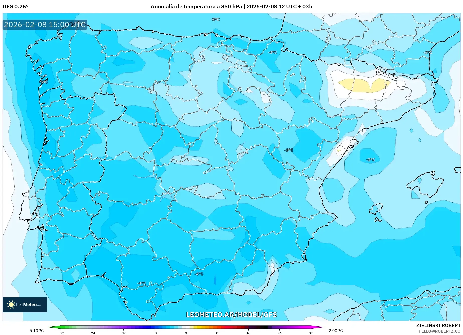 GFS model - España, Anomalía de temperatura a 850 hPa