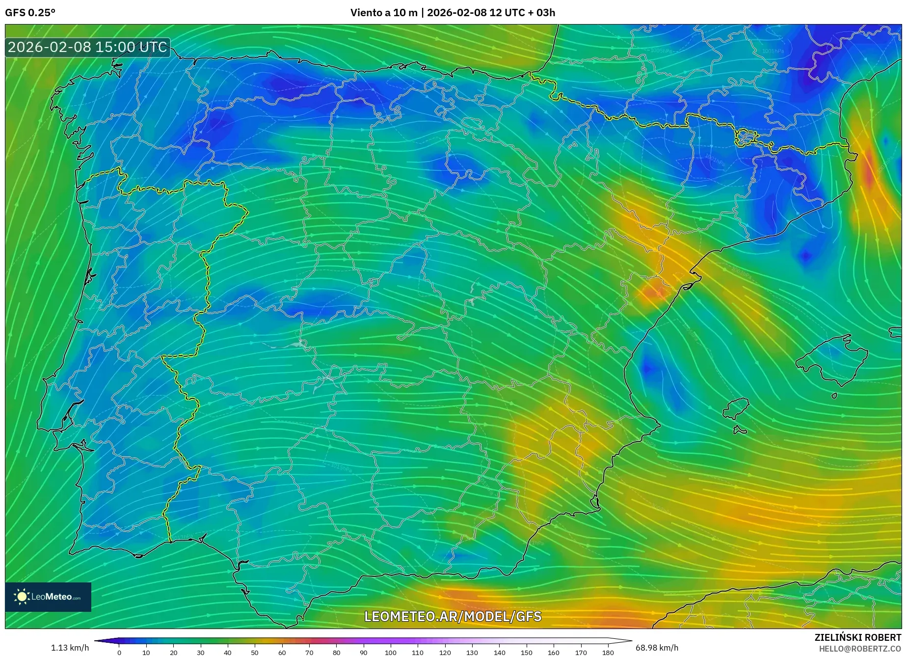 GFS model - España, Viento a 10 m