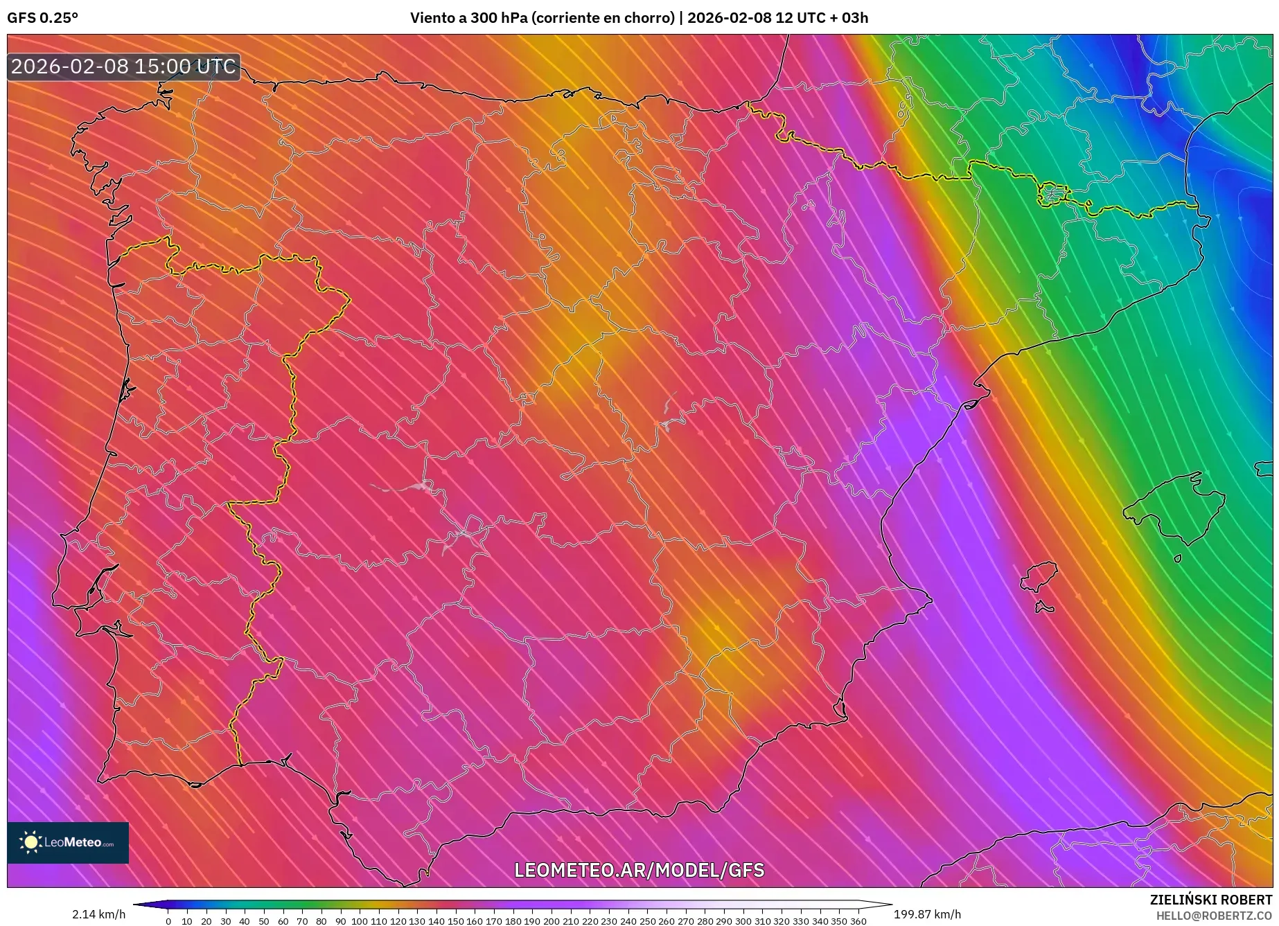 GFS model - España, Viento a 300 hPa (corriente en chorro)