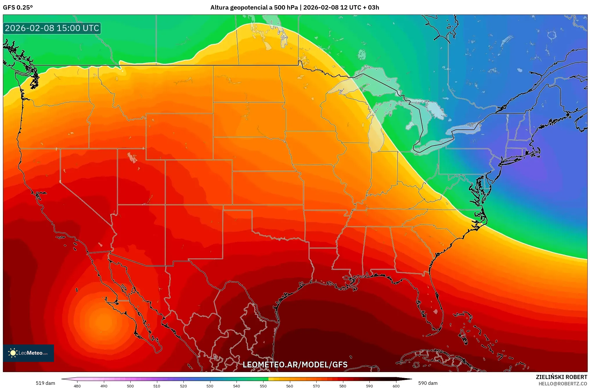 GFS model - Estados Unidos, Altura geopotencial a 500 hPa