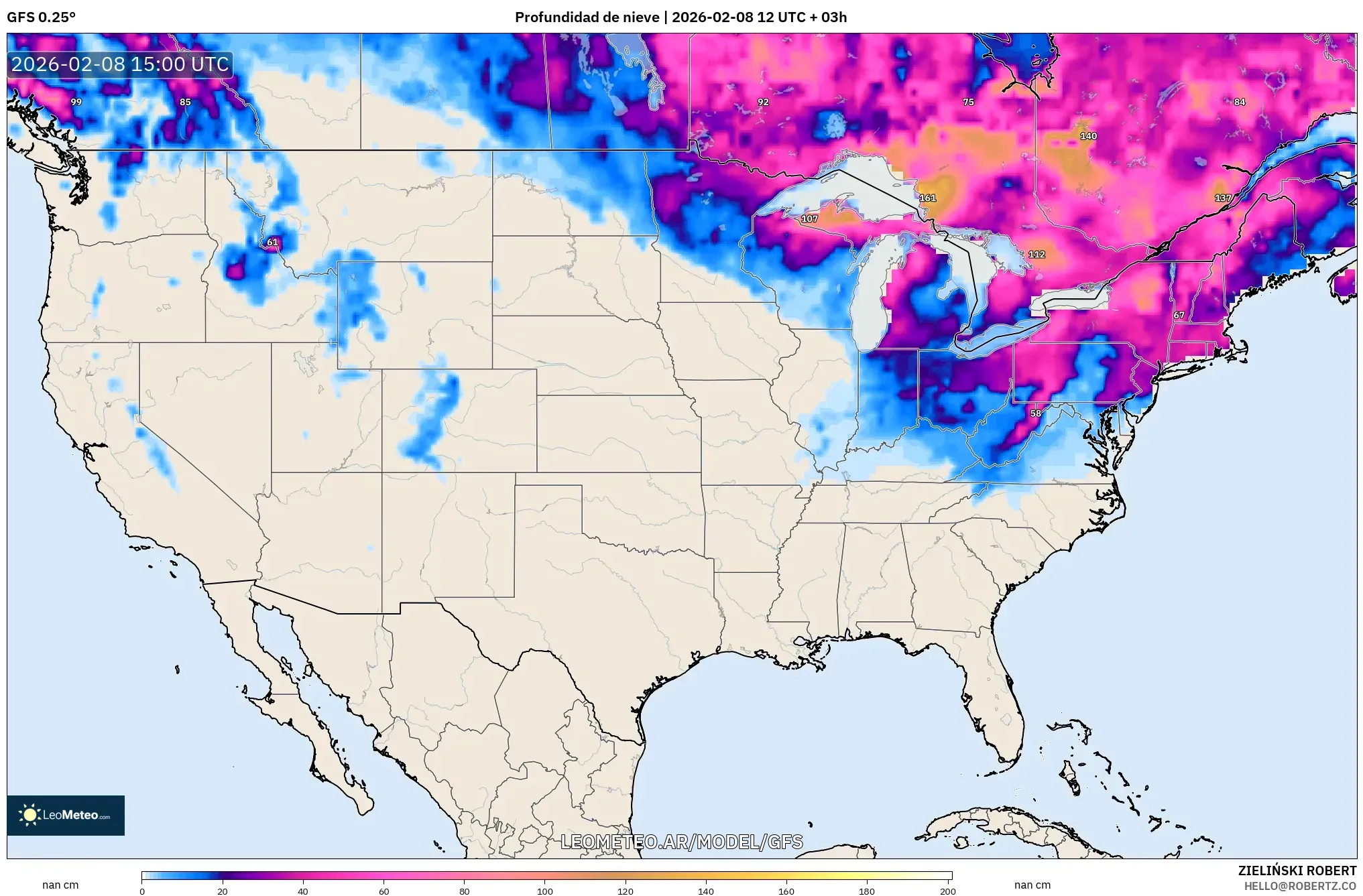 GFS model - Estados Unidos, Profundidad de nieve