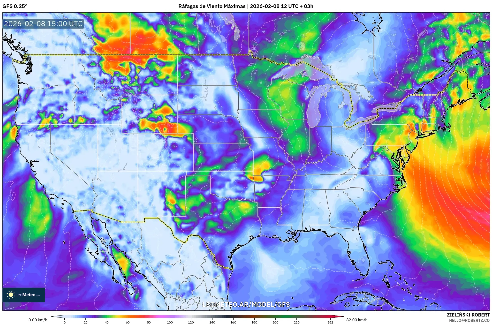 GFS model - Estados Unidos, Ráfagas de Viento Máximas