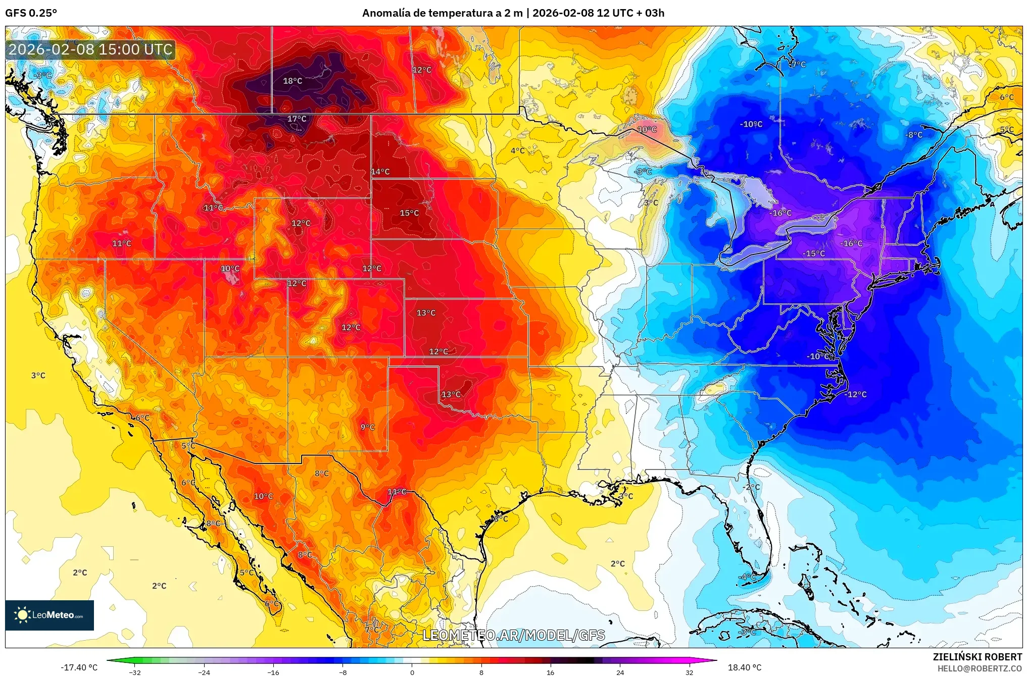 GFS model - Estados Unidos, Anomalía de temperatura a 2 m