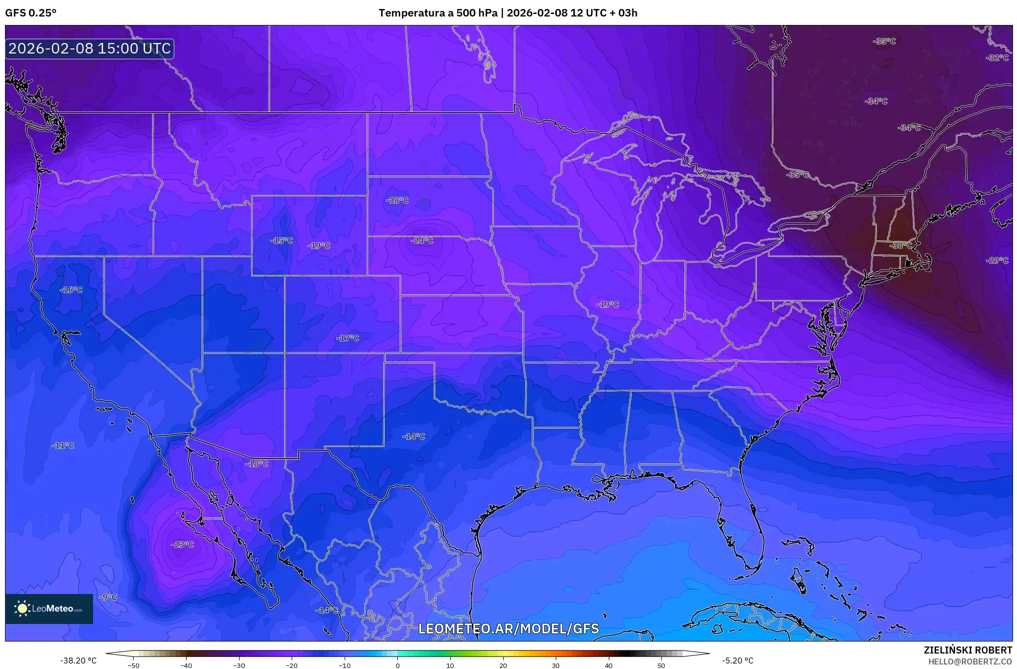 GFS model - Estados Unidos, Temperatura a 500 hPa