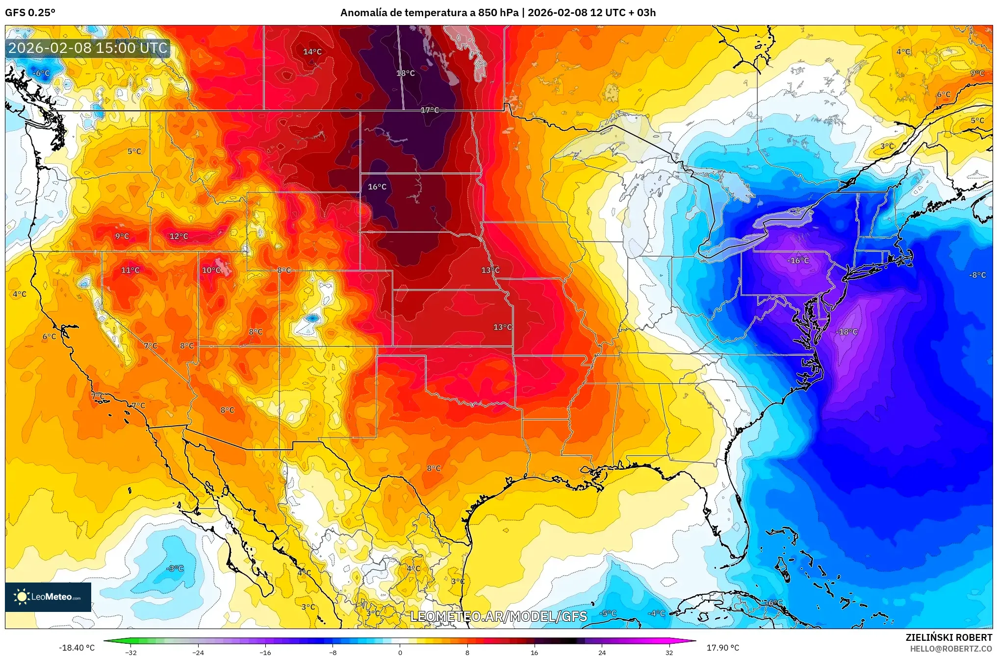 GFS model - Estados Unidos, Anomalía de temperatura a 850 hPa