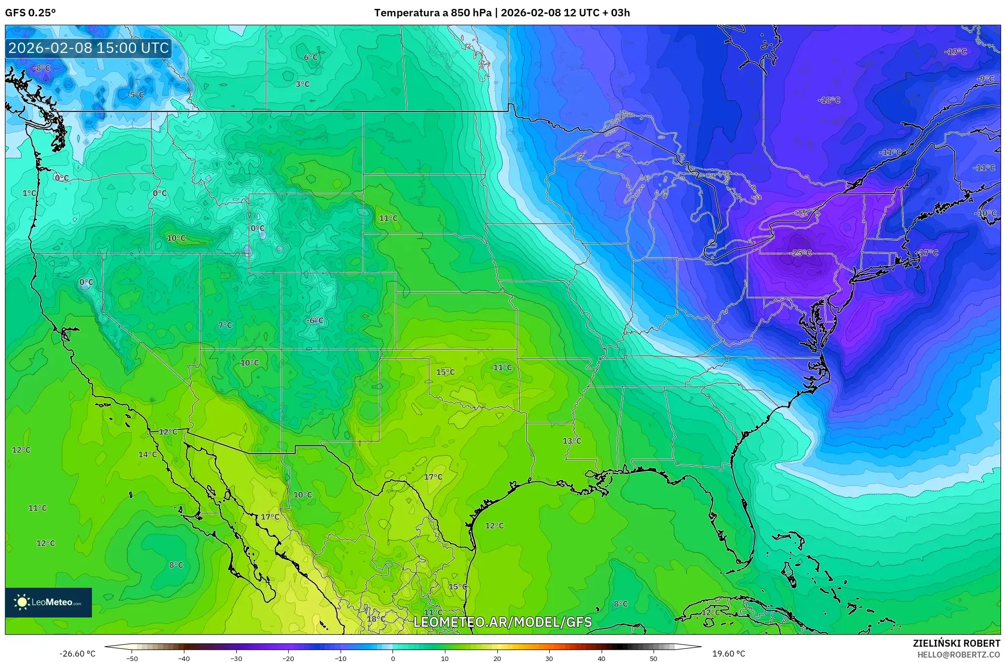 GFS model - Estados Unidos, Temperatura a 850 hPa