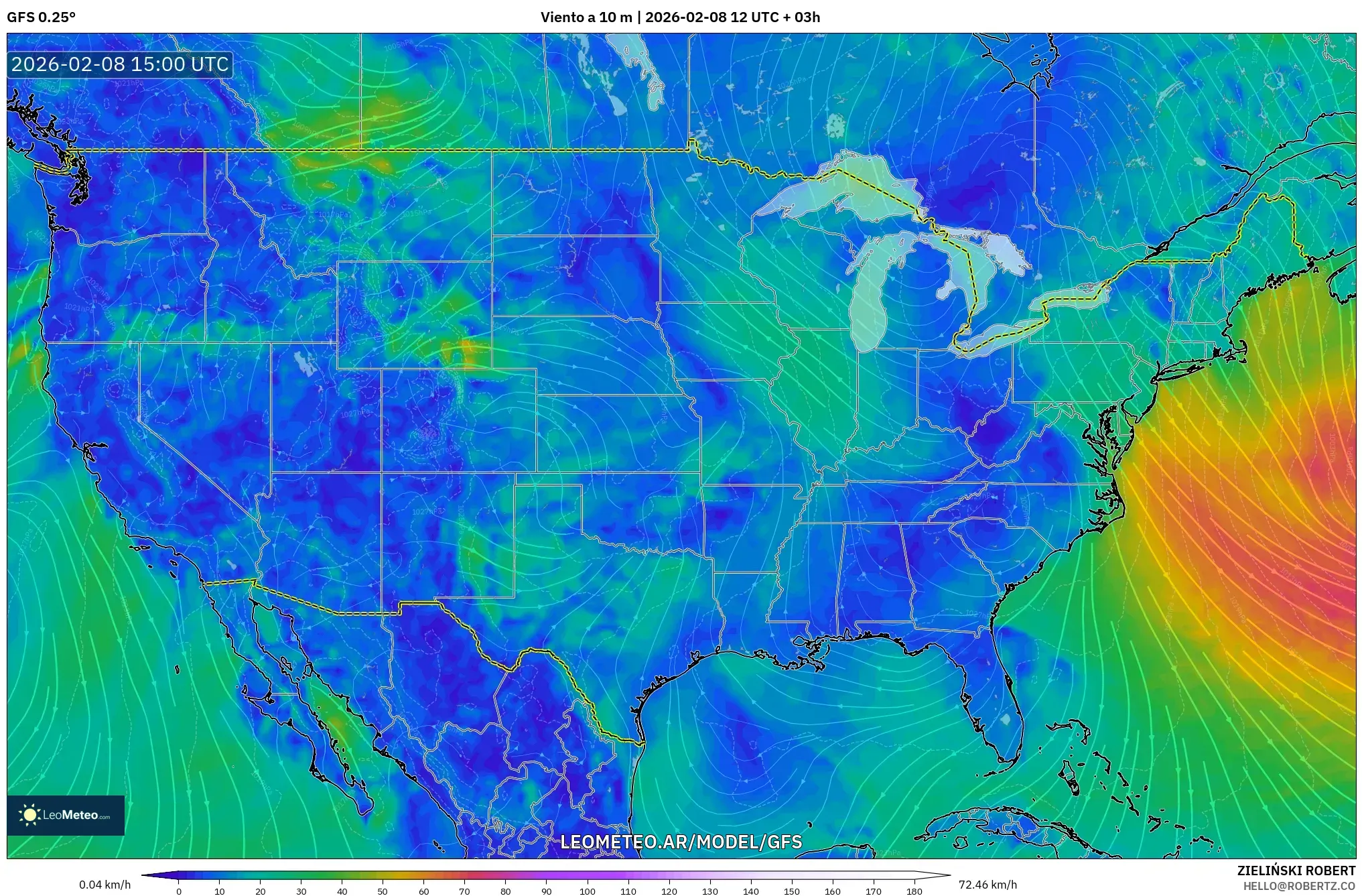 GFS model - Estados Unidos, Viento a 10 m