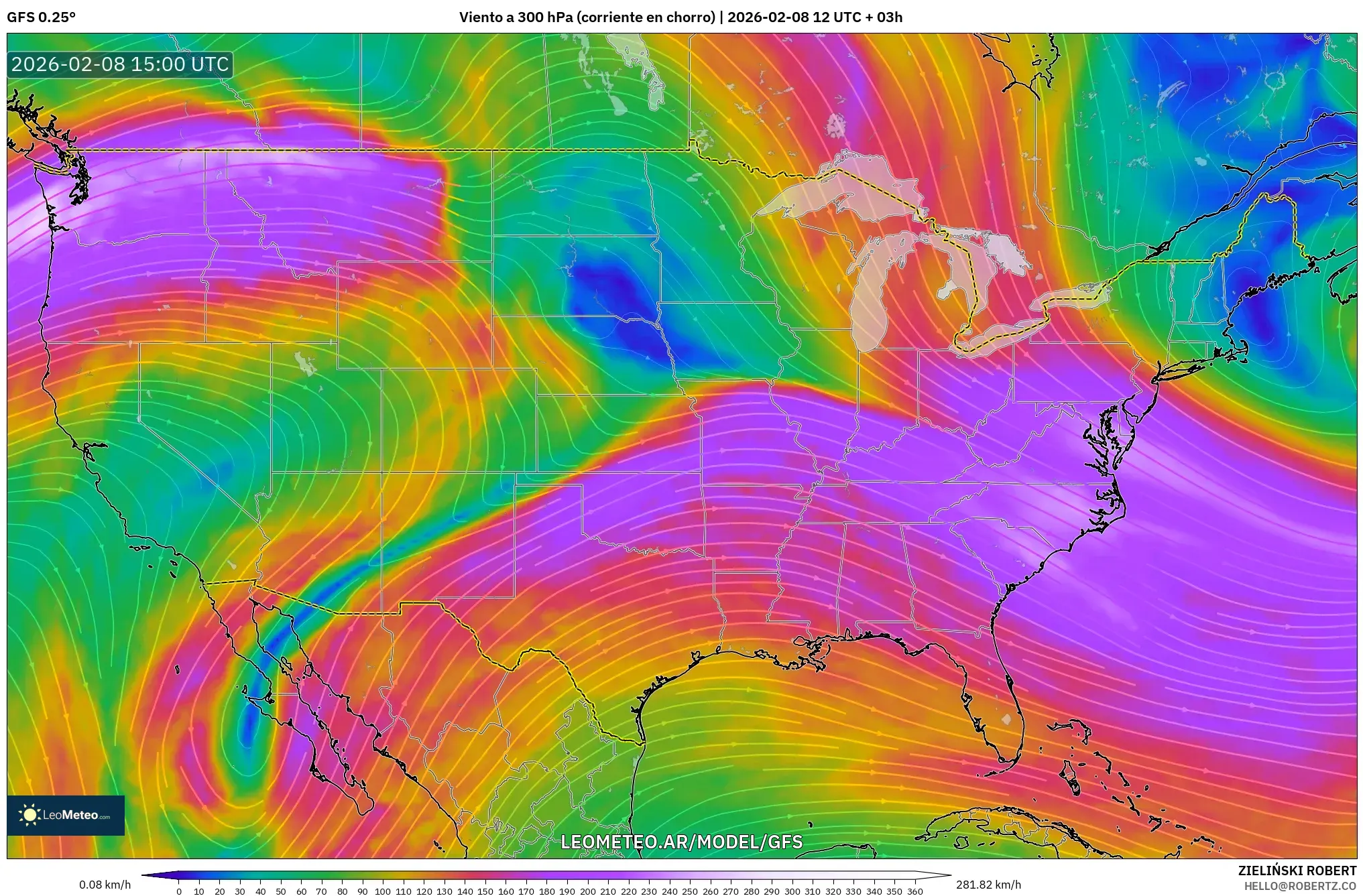 GFS model - Estados Unidos, Viento a 300 hPa (corriente en chorro)
