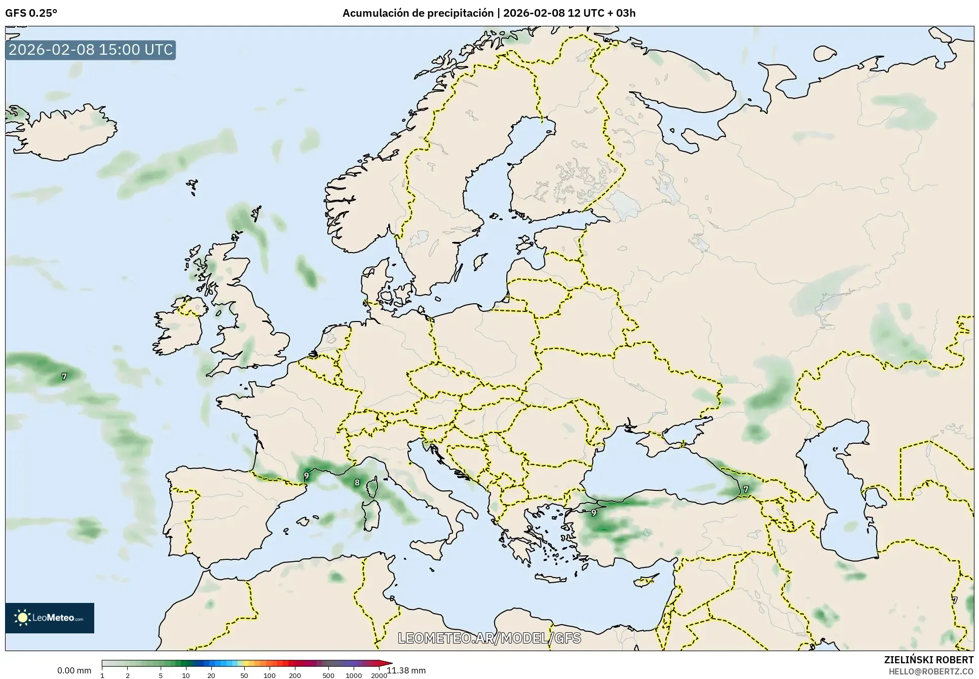 GFS model - Europa, Acumulación de precipitación