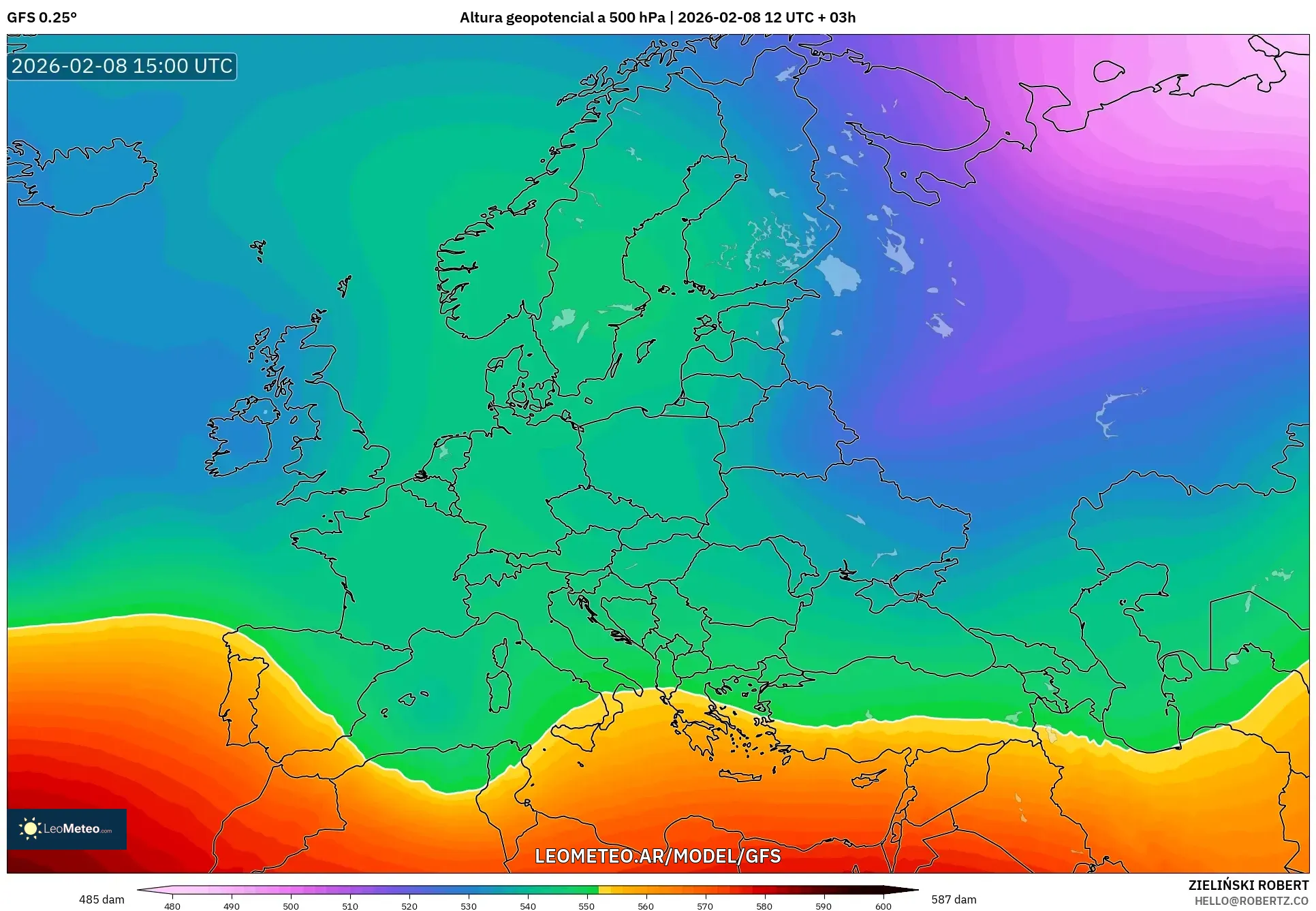 GFS model - Europa, Altura geopotencial a 500 hPa