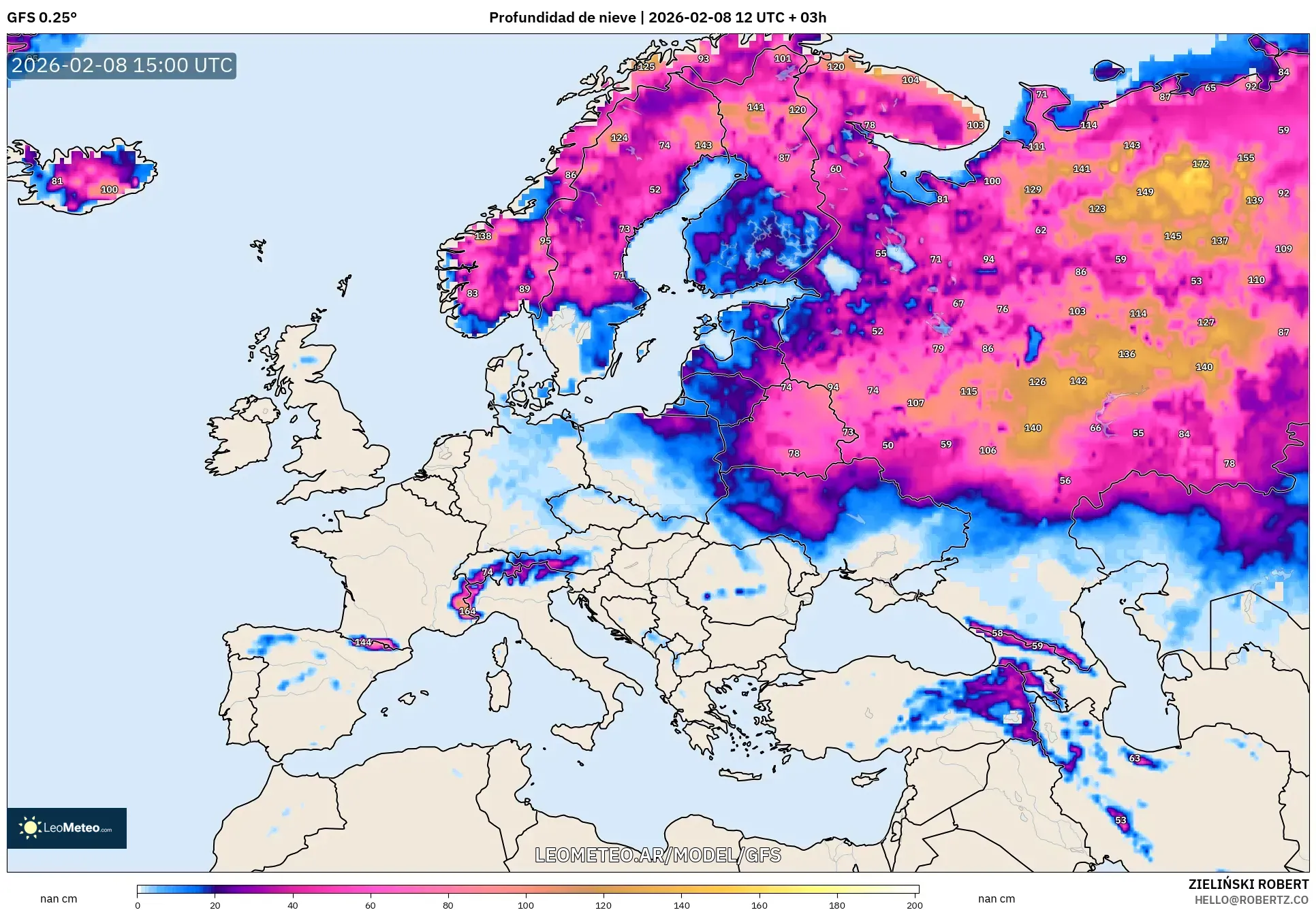 GFS model - Europa, Profundidad de nieve