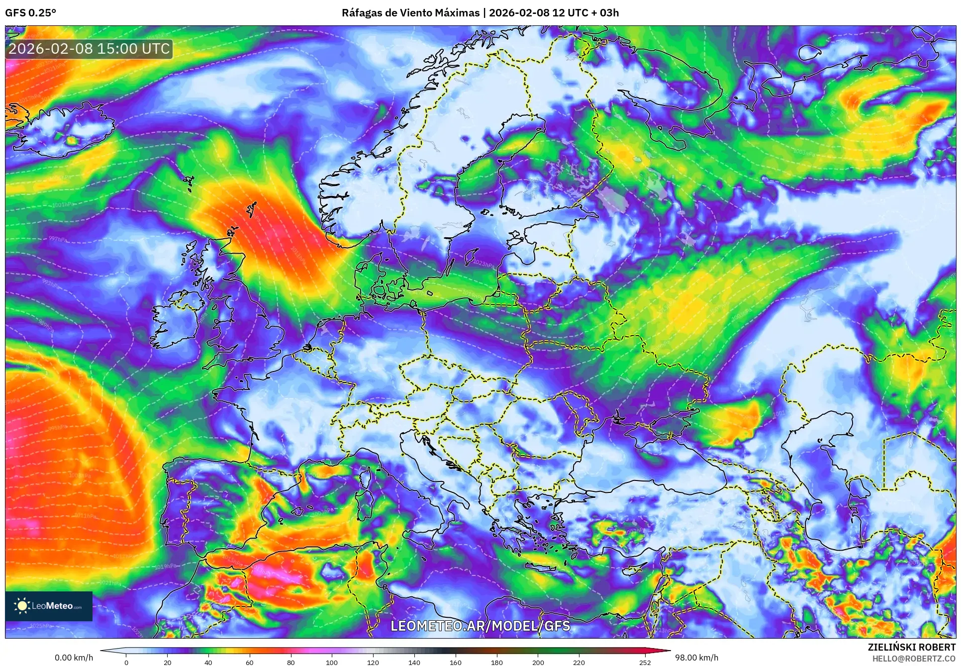 GFS model - Europa, Ráfagas de Viento Máximas