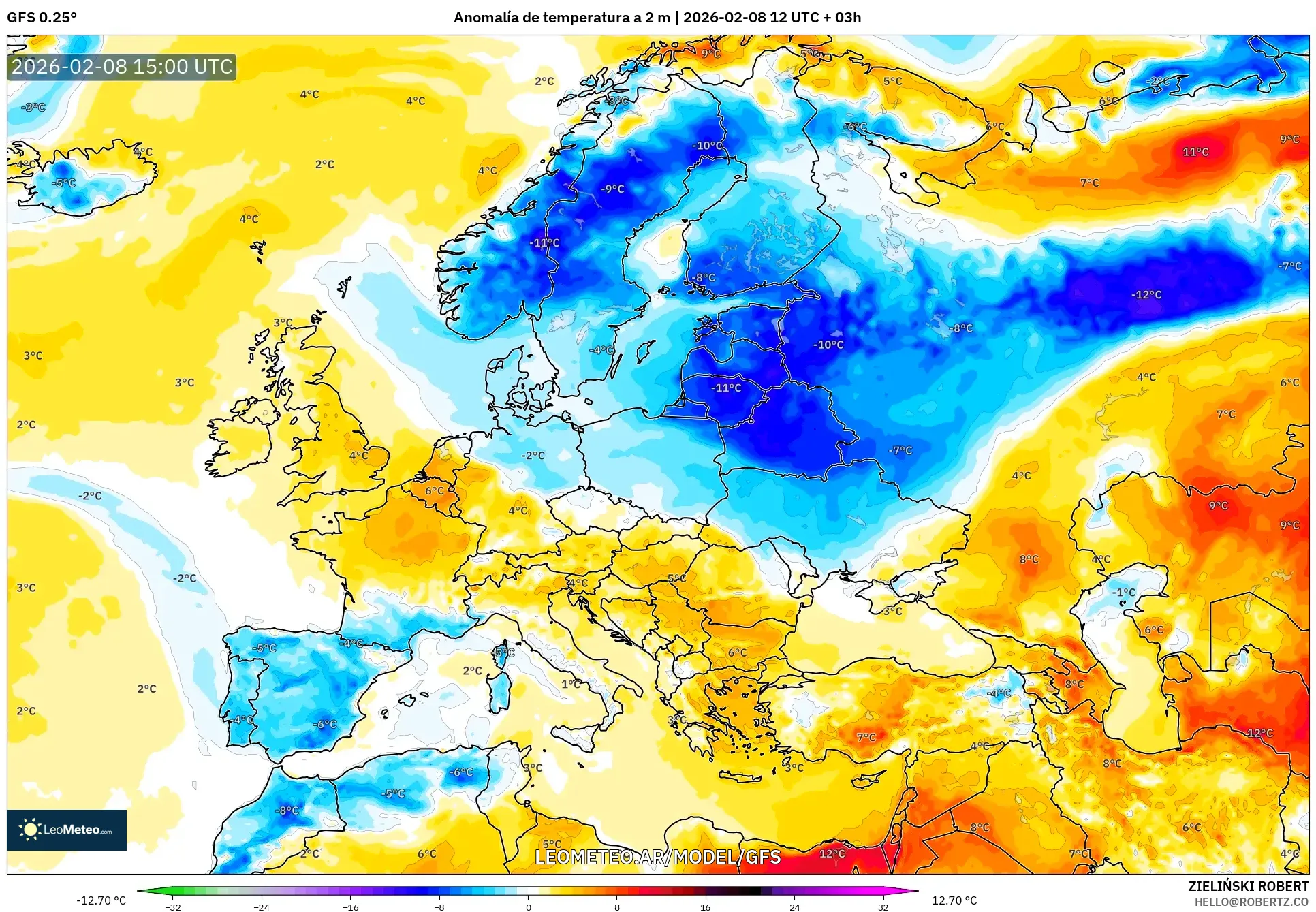 GFS model - Europa, Anomalía de temperatura a 2 m