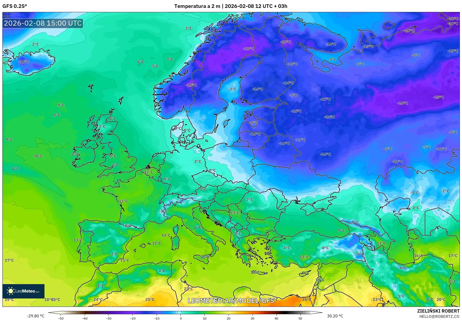GFS model - Europa, Temperatura a 2 m