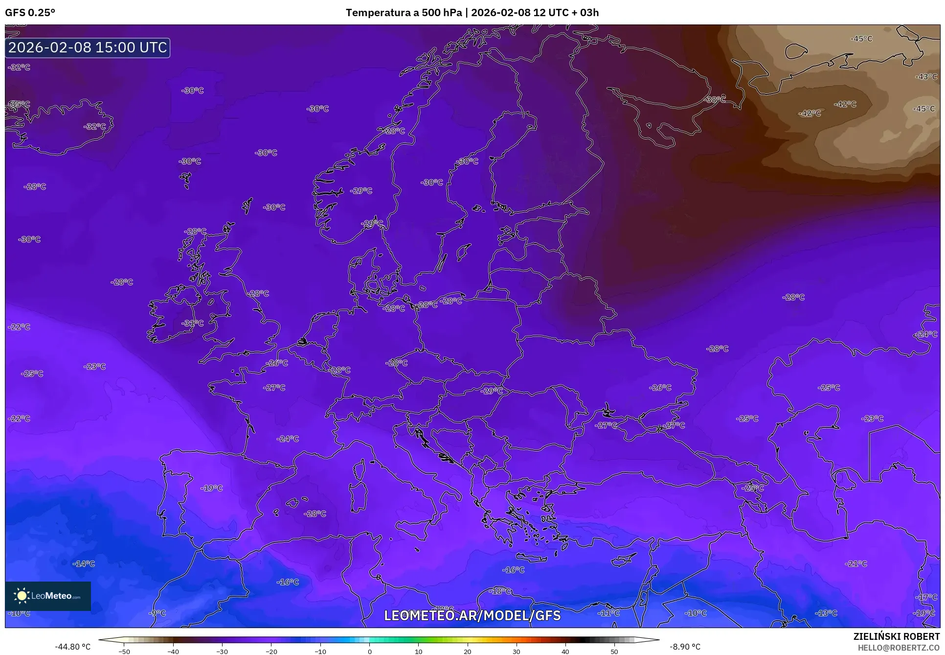 GFS model - Europa, Temperatura a 500 hPa
