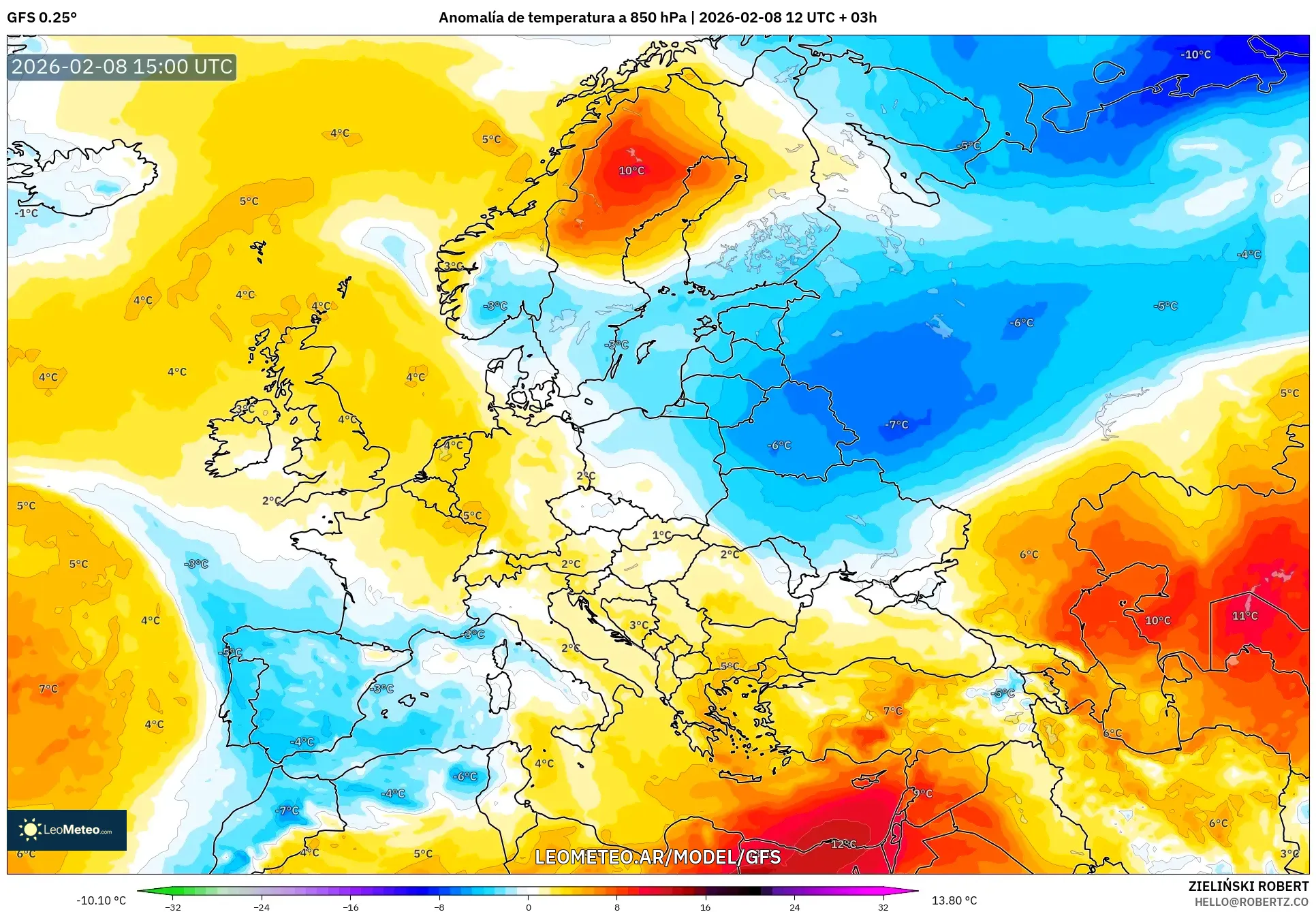GFS model - Europa, Anomalía de temperatura a 850 hPa