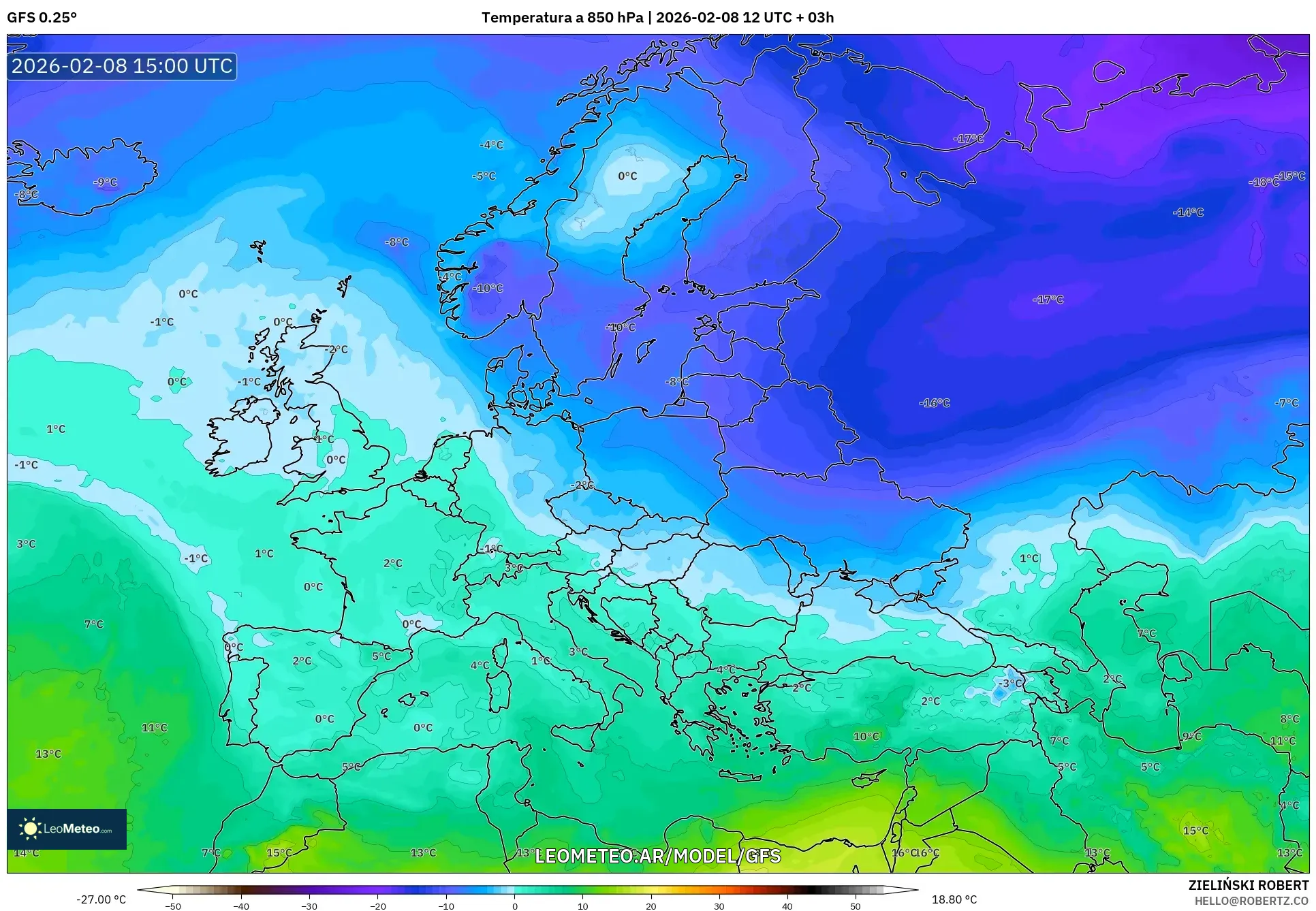 GFS model - Europa, Temperatura a 850 hPa