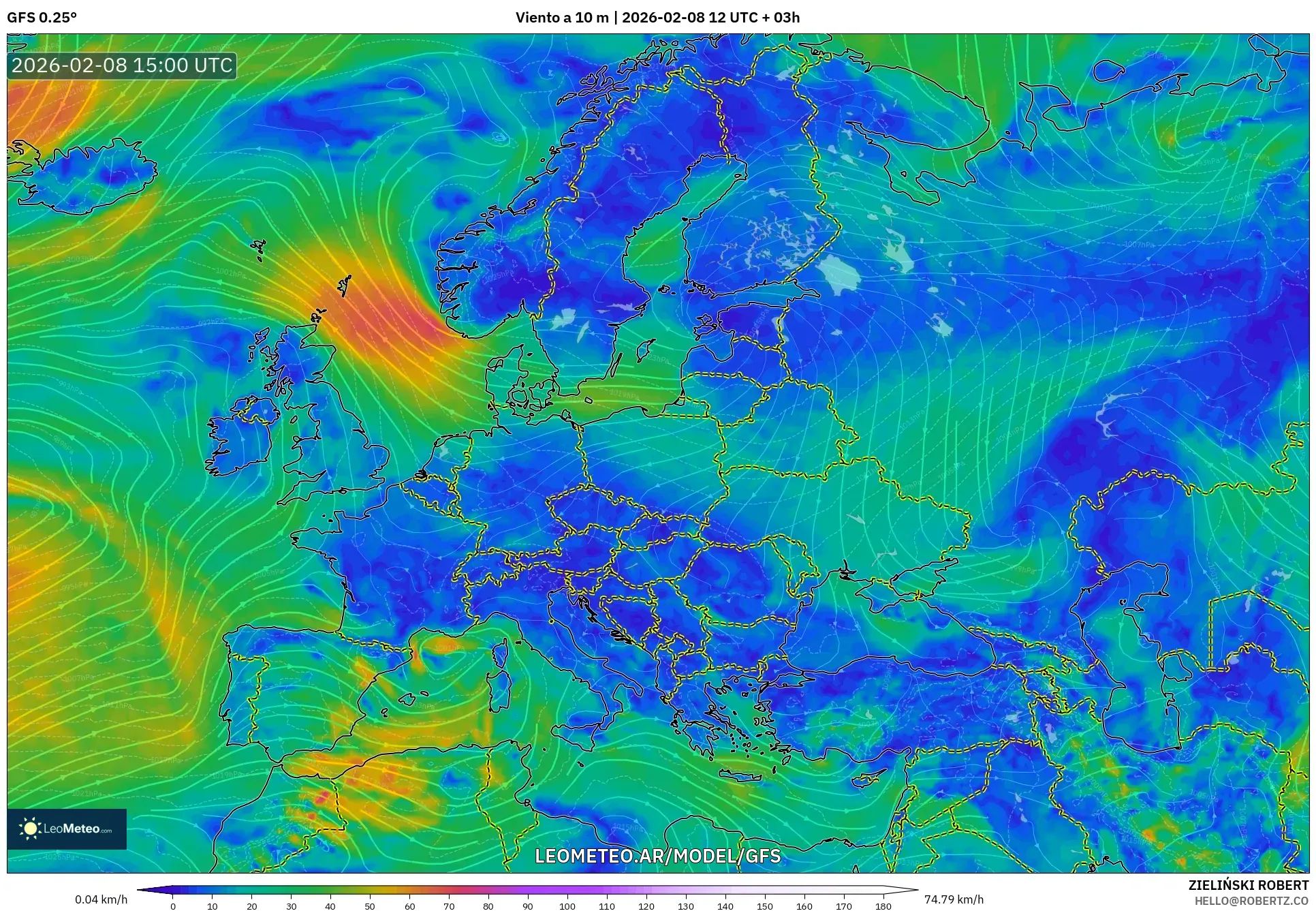 GFS model - Europa, Viento a 10 m