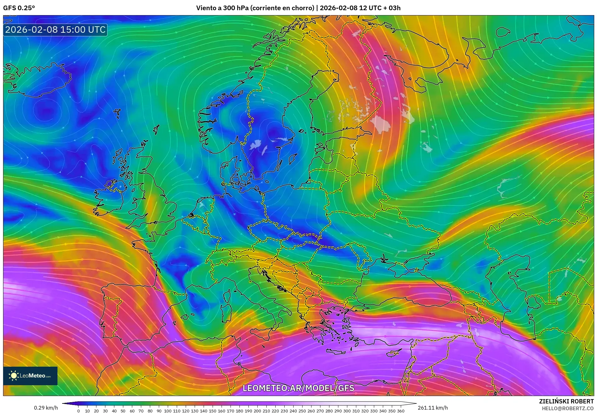 GFS model - Europa, Viento a 300 hPa (corriente en chorro)