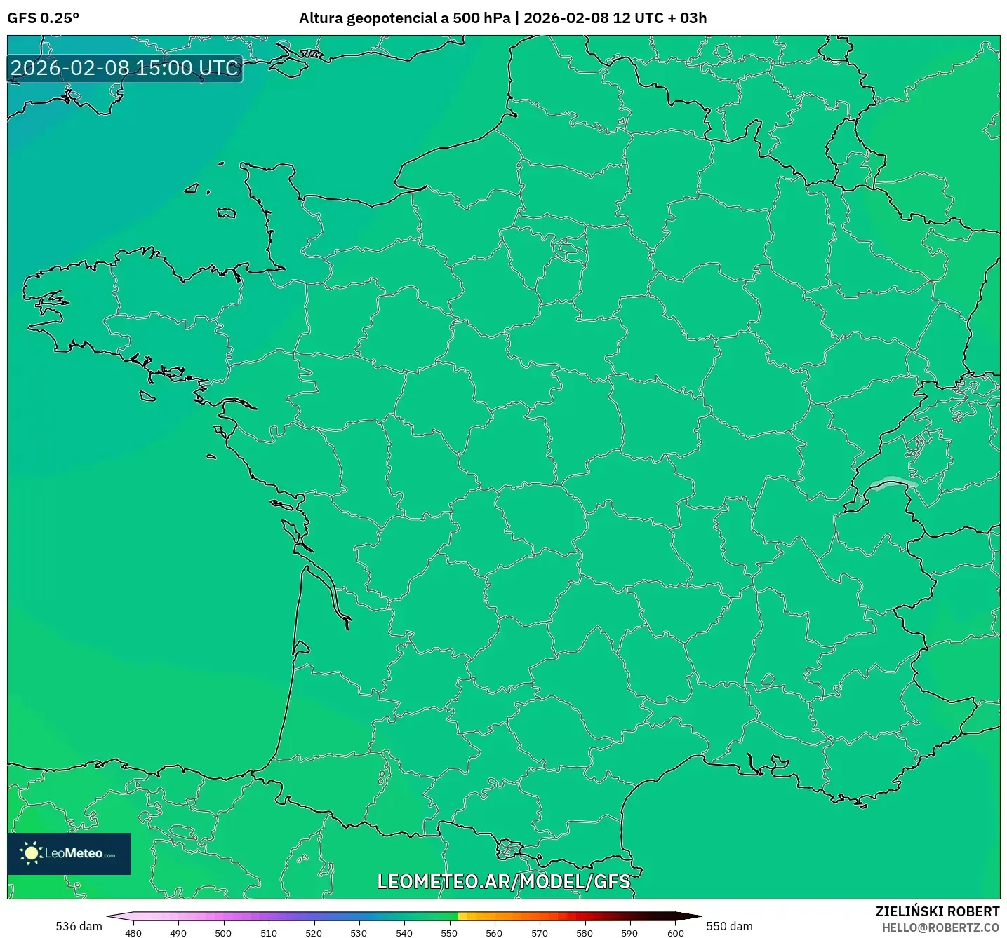 GFS model - Francia, Altura geopotencial a 500 hPa