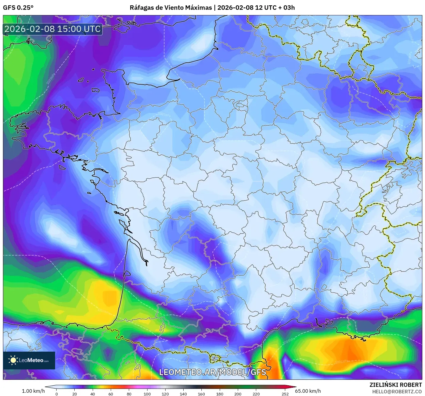 GFS model - Francia, Ráfagas de Viento Máximas