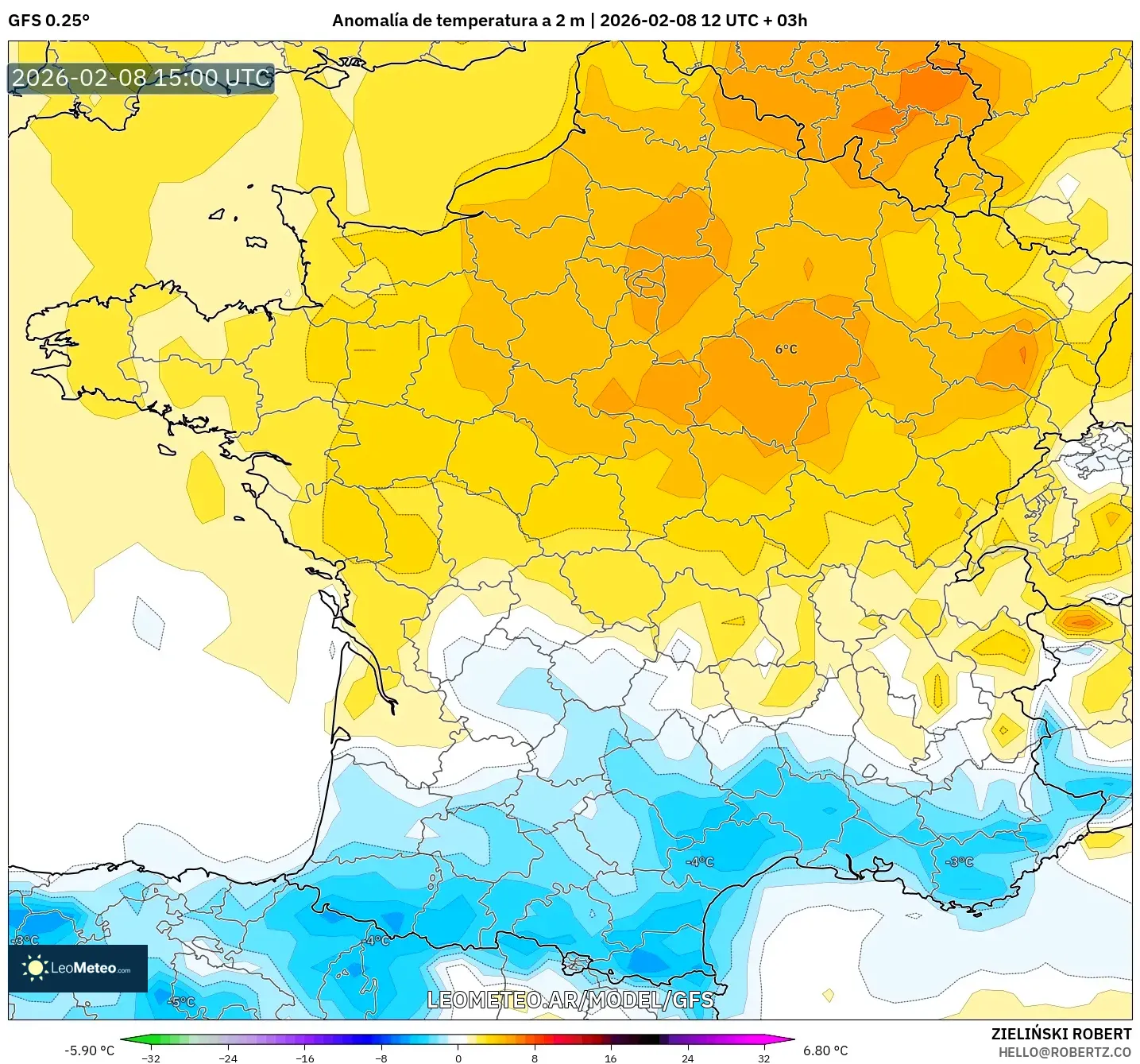 GFS model - Francia, Anomalía de temperatura a 2 m