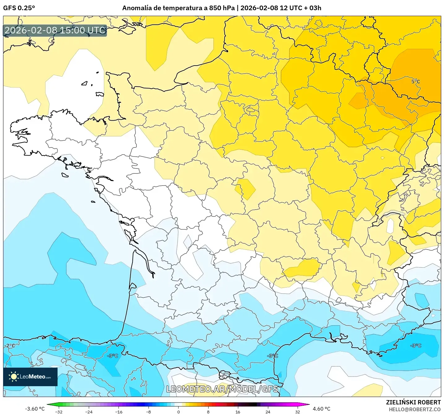 GFS model - Francia, Anomalía de temperatura a 850 hPa