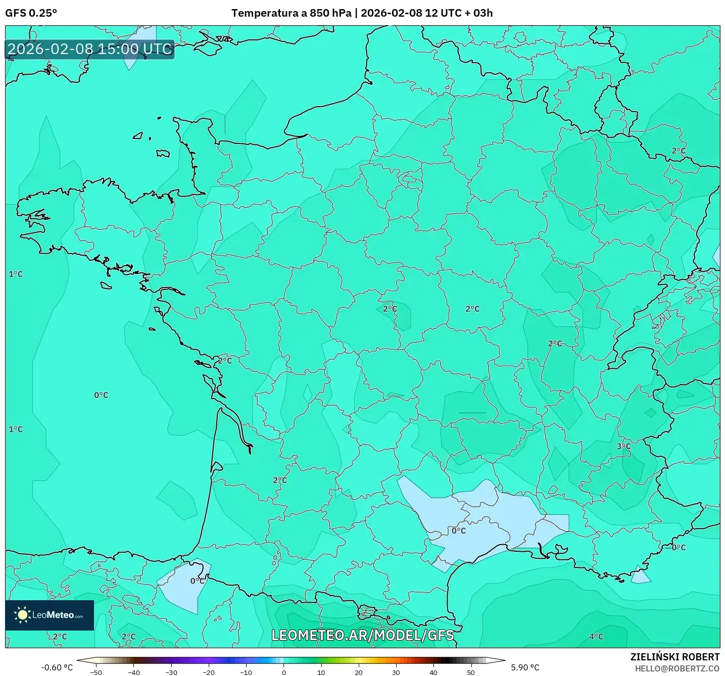 GFS model - Francia, Temperatura a 850 hPa