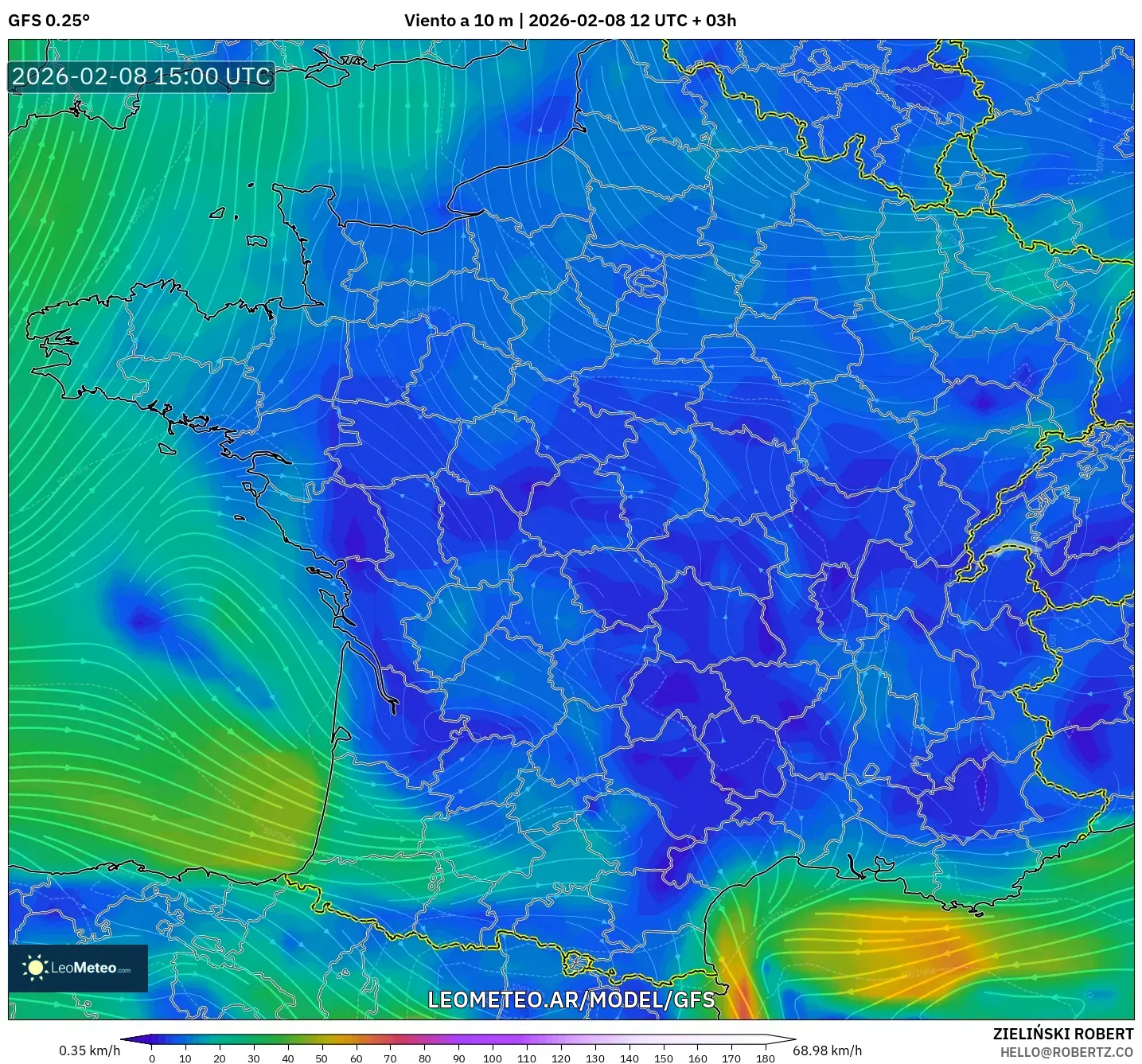 GFS model - Francia, Viento a 10 m