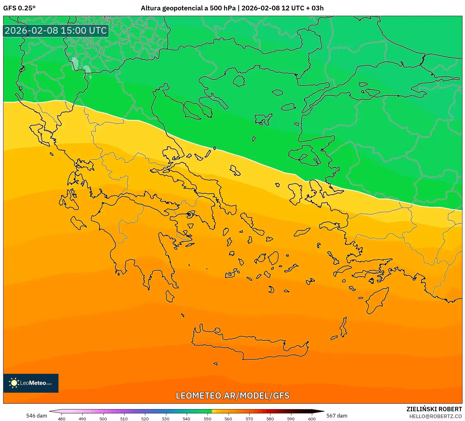 GFS model - Grecia, Altura geopotencial a 500 hPa