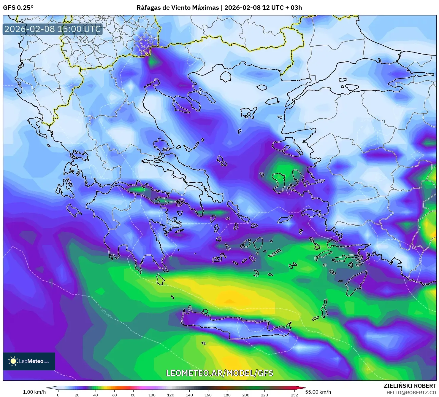 GFS model - Grecia, Ráfagas de Viento Máximas
