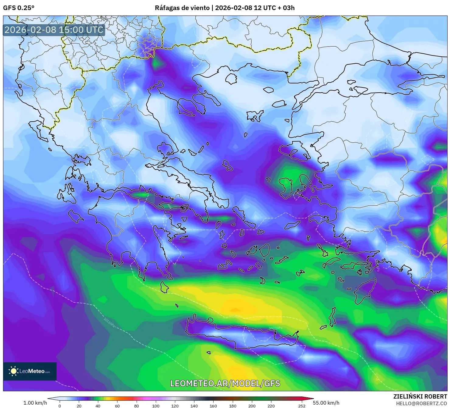 GFS model - Grecia, Ráfagas de viento