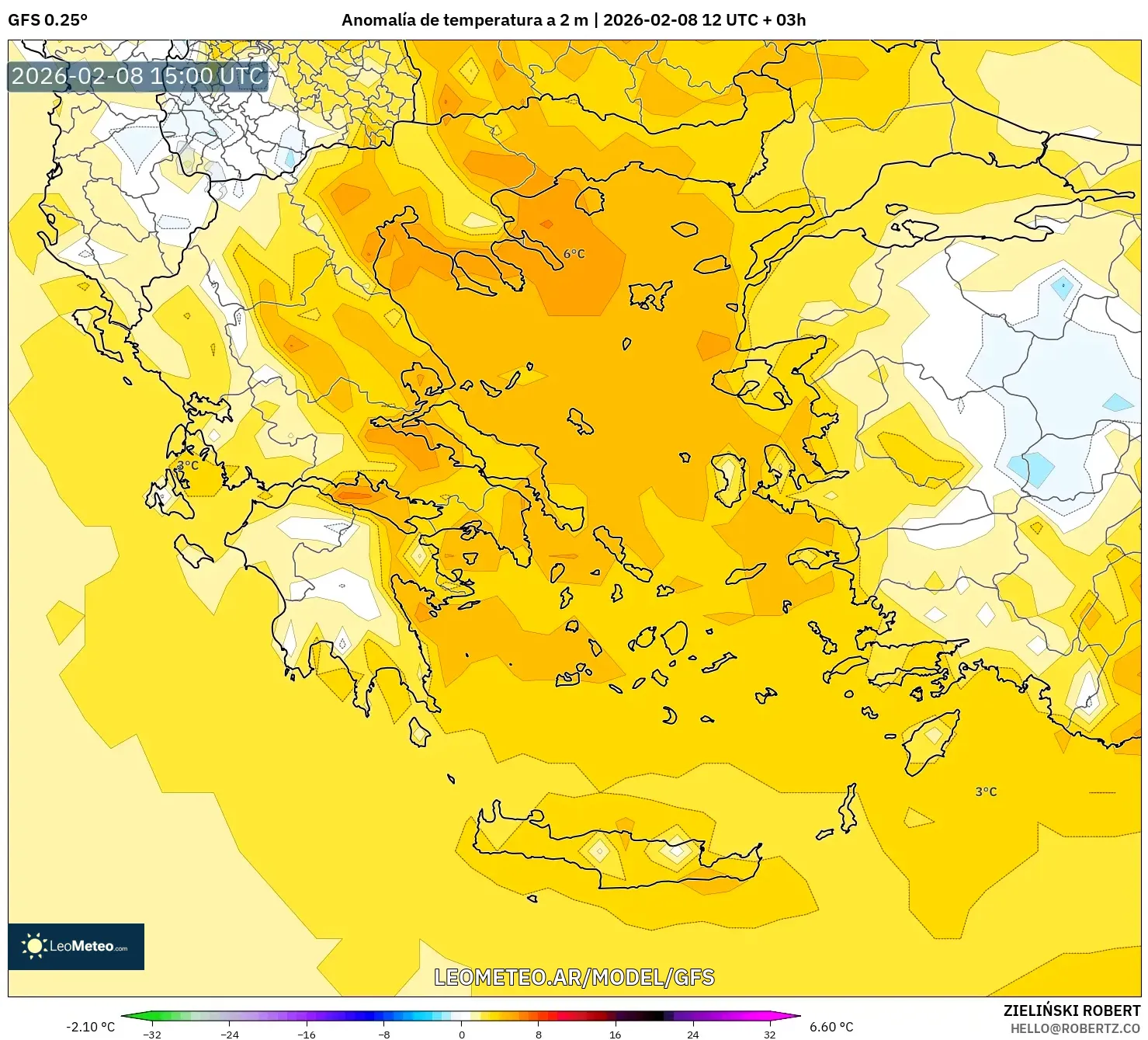 GFS model - Grecia, Anomalía de temperatura a 2 m