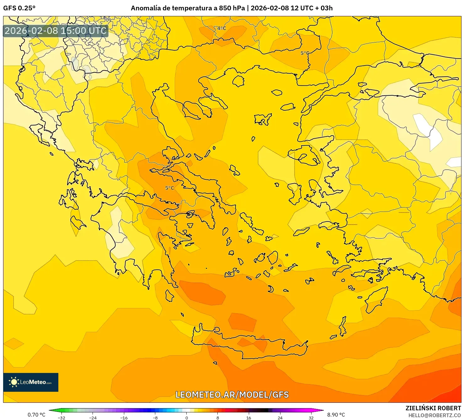 GFS model - Grecia, Anomalía de temperatura a 850 hPa