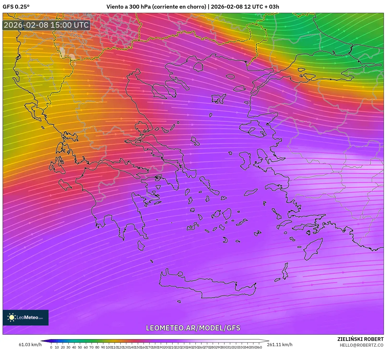 GFS model - Grecia, Viento a 300 hPa (corriente en chorro)