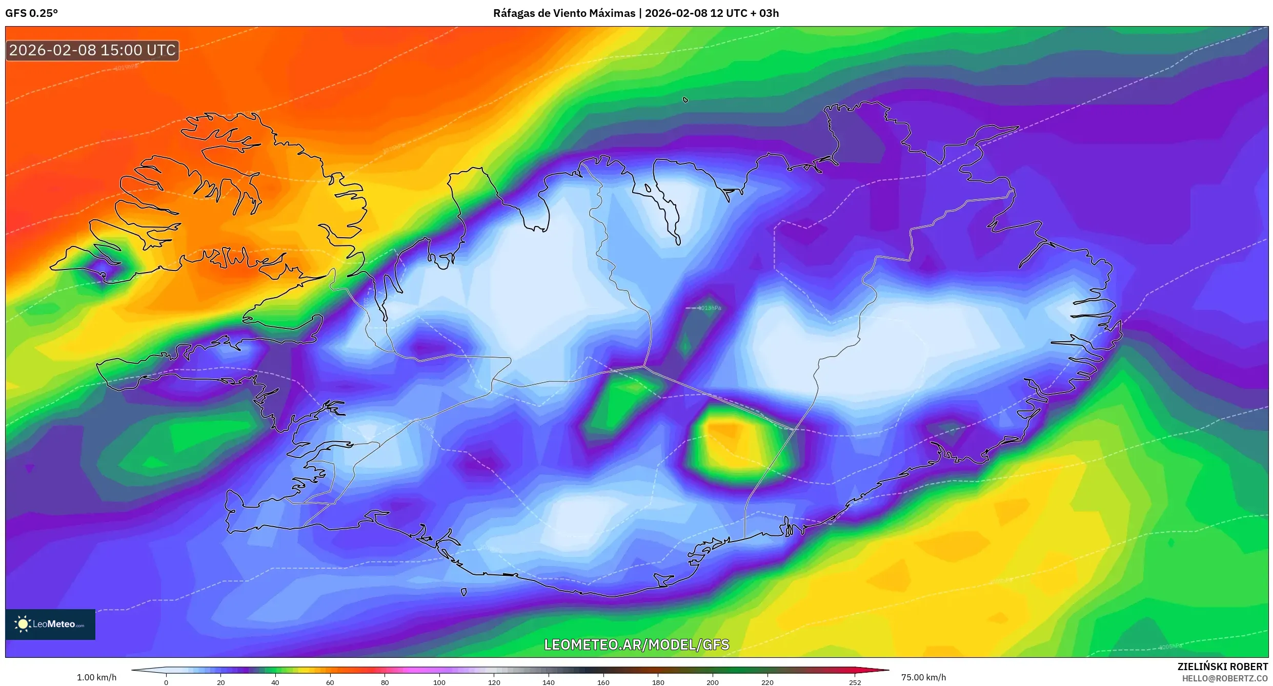 GFS model - Islandia, Ráfagas de Viento Máximas