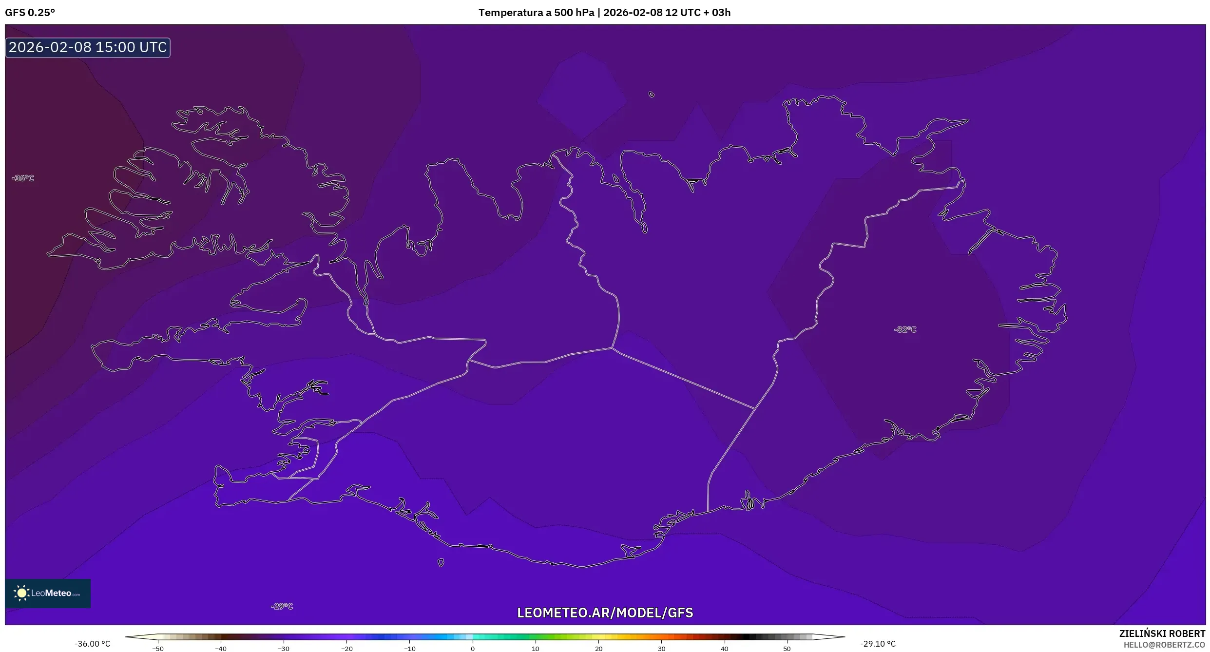 GFS model - Islandia, Temperatura a 500 hPa
