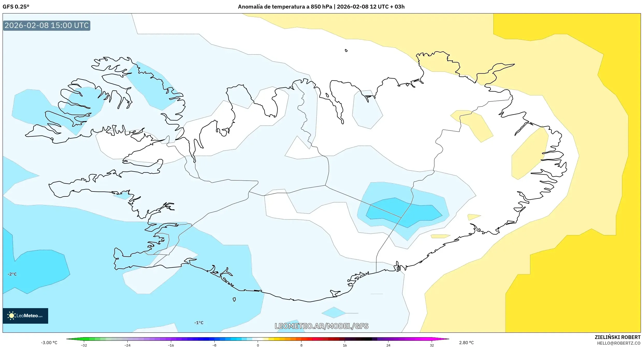 GFS model - Islandia, Anomalía de temperatura a 850 hPa