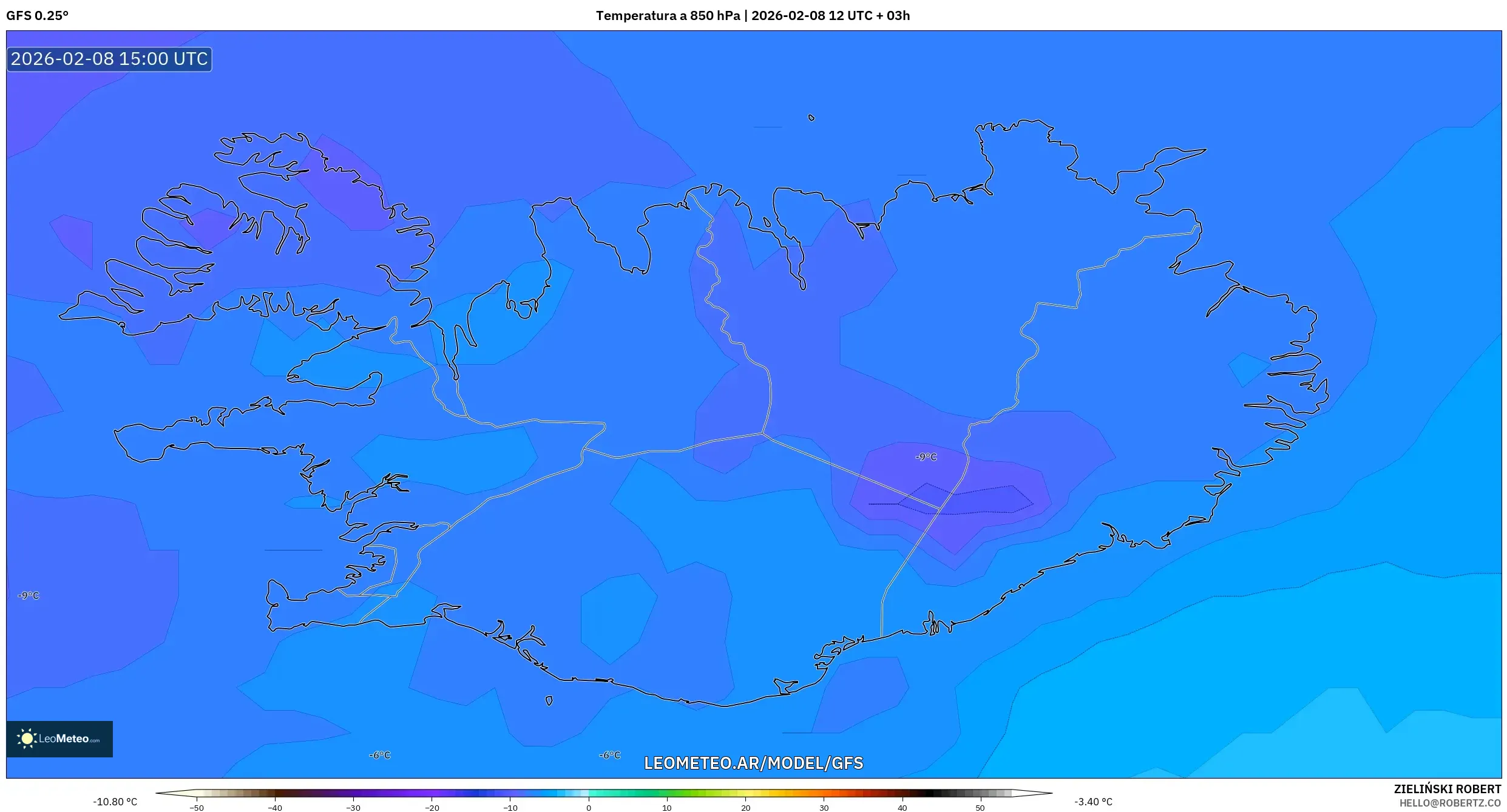 GFS model - Islandia, Temperatura a 850 hPa