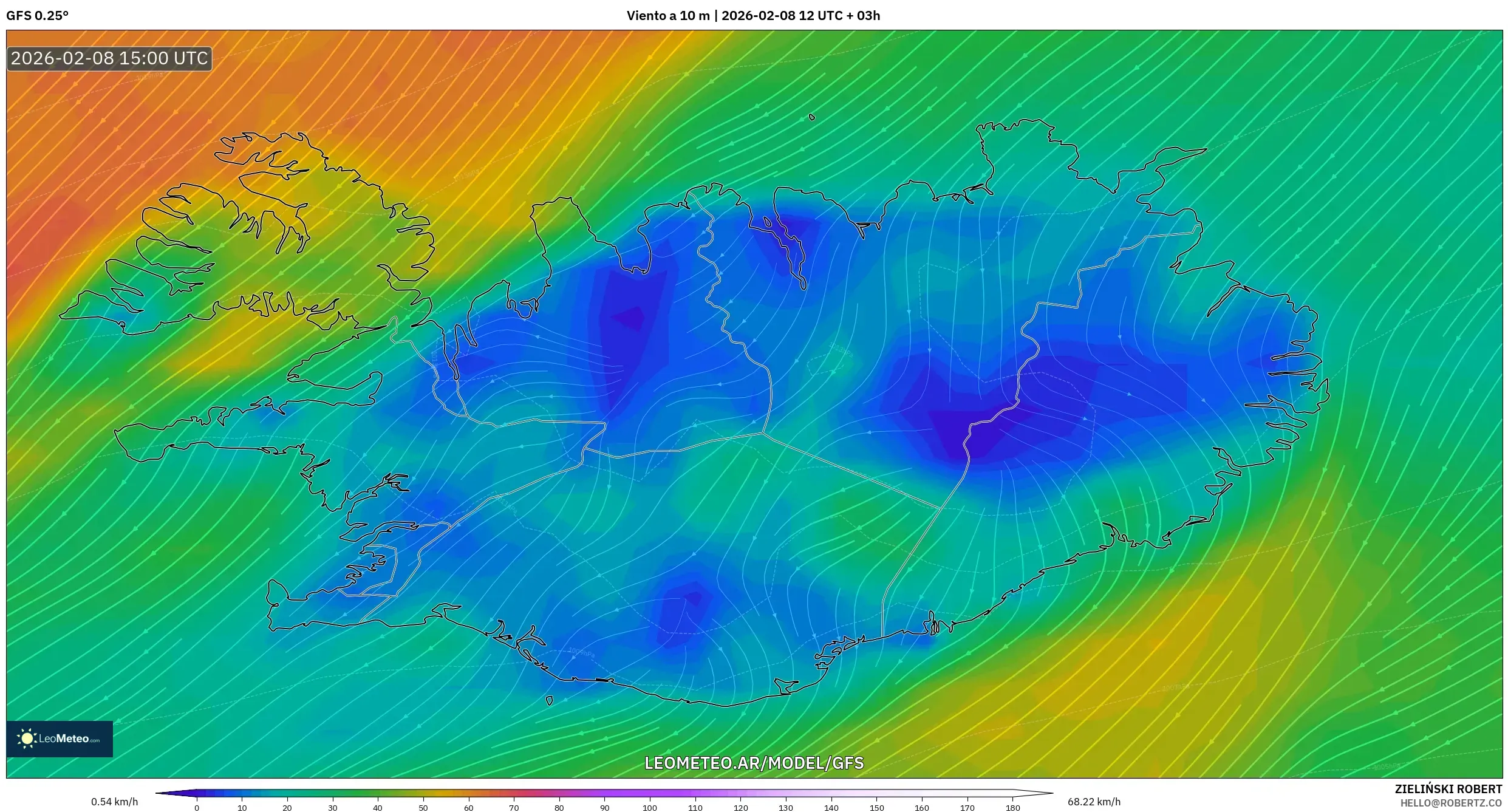 GFS model - Islandia, Viento a 10 m