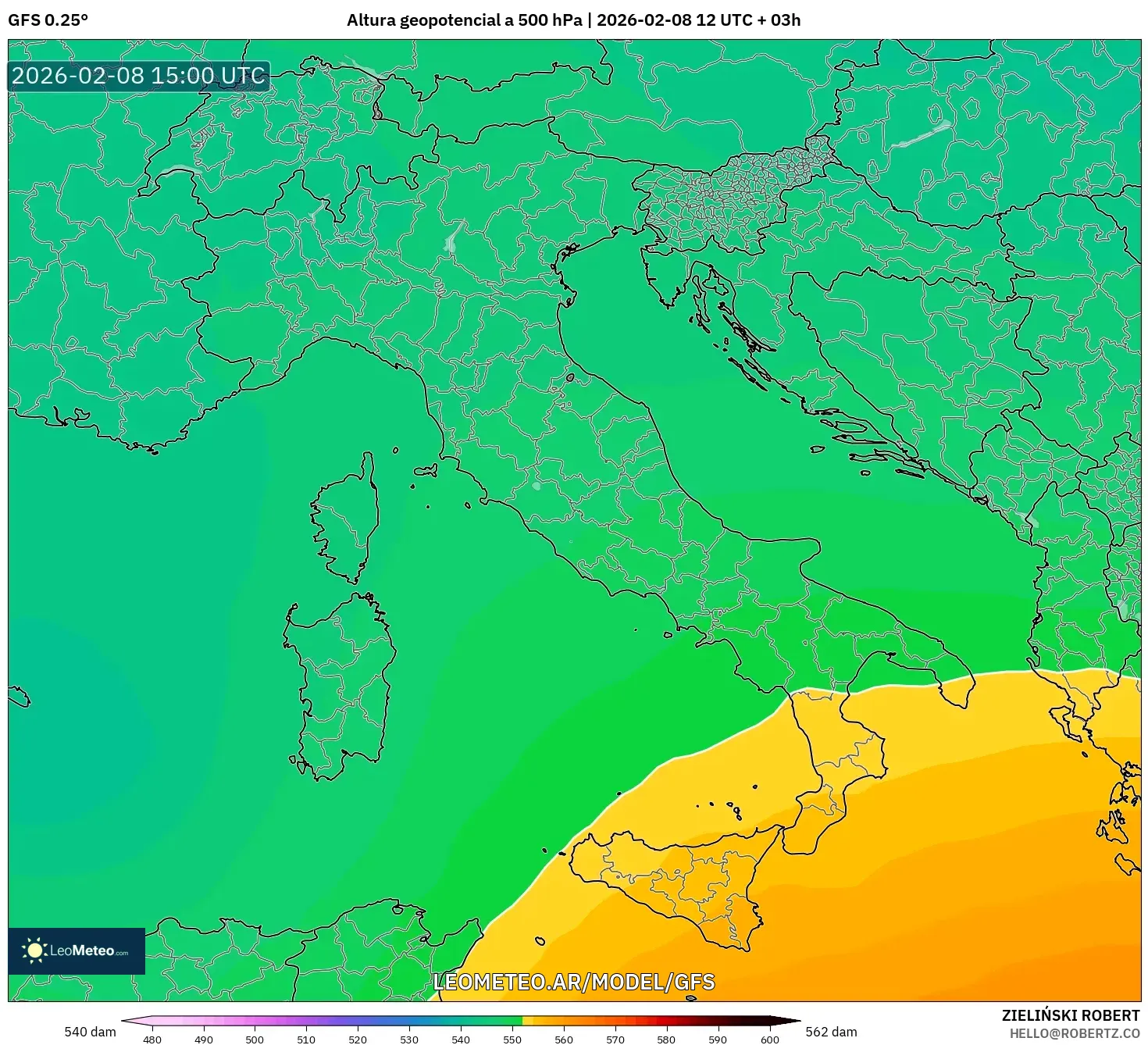 GFS model - Italia, Altura geopotencial a 500 hPa
