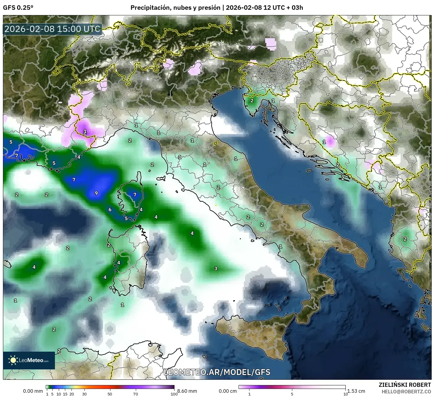 GFS model - Italia, Precipitación, nubes y presión