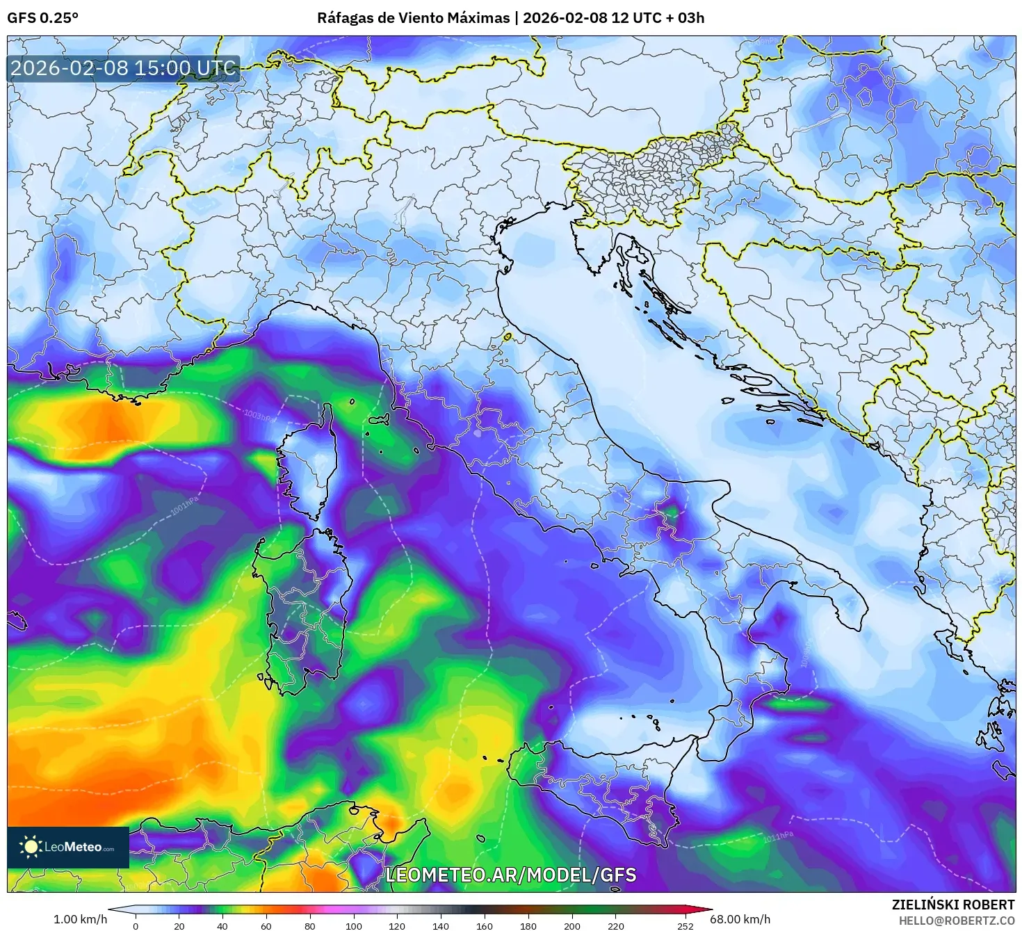 GFS model - Italia, Ráfagas de Viento Máximas