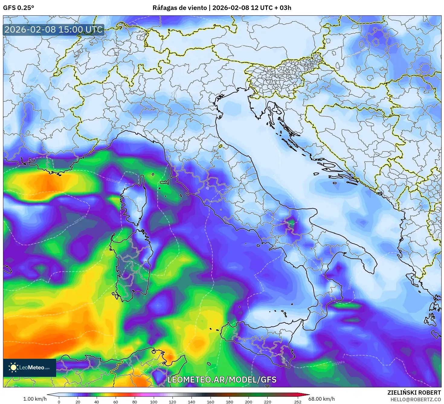 GFS model - Italia, Ráfagas de viento